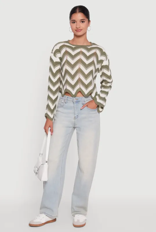 Chevron Crochet Long Sleeve Cropped Sweater sold by Rainbow