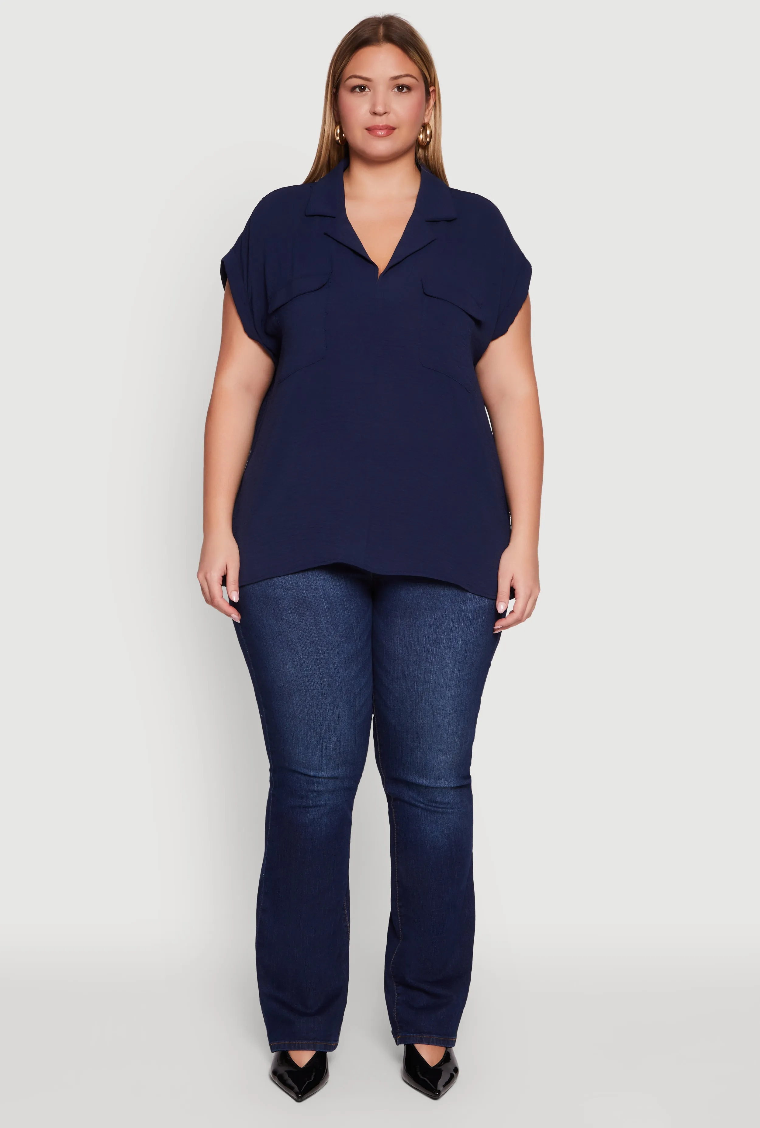 Plus Size Collared Crepe Knit Blouse with Flap Pockets sold by Rainbow product image thumbnail 3