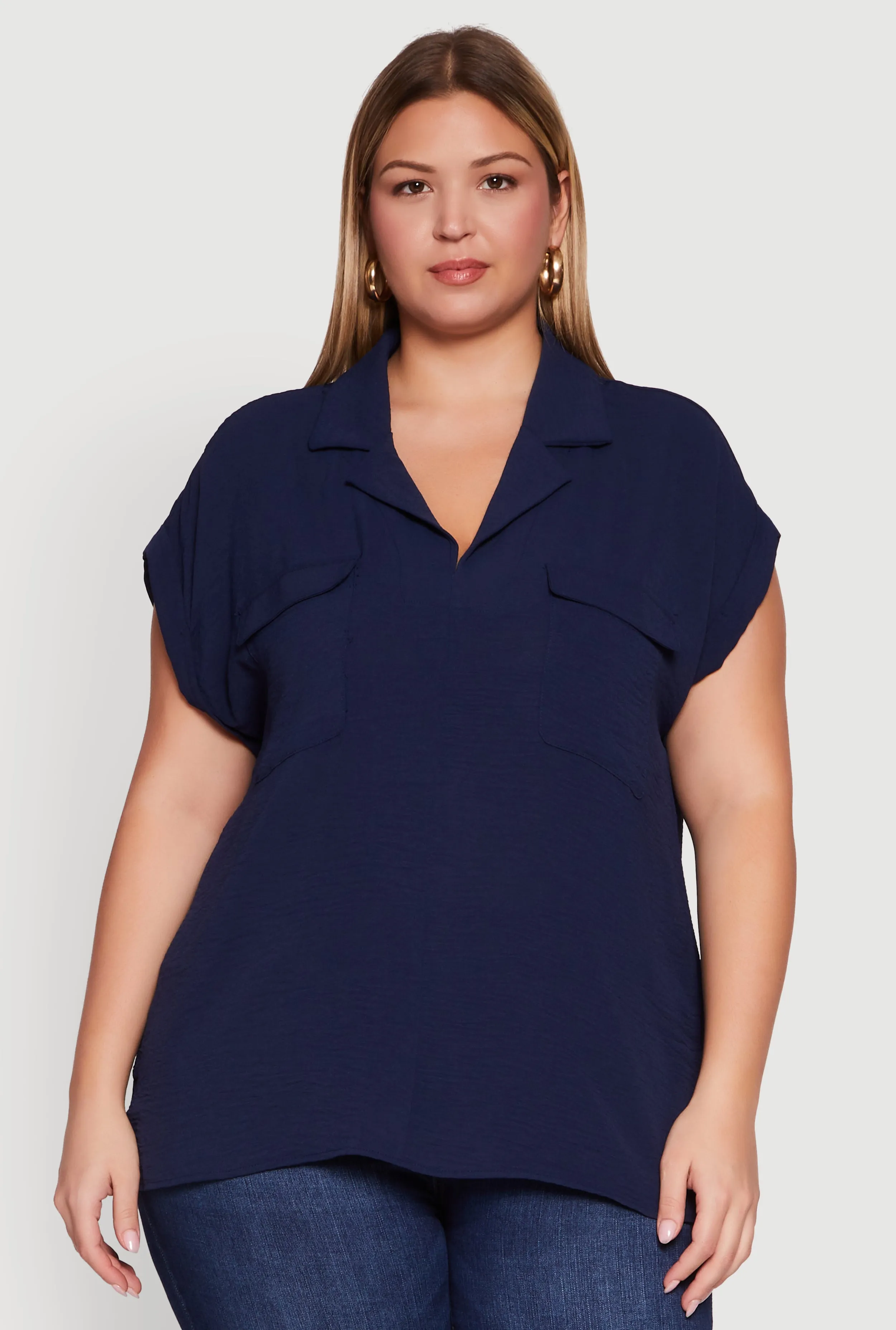 Plus Size Collared Crepe Knit Blouse with Flap Pockets sold by Rainbow product image thumbnail 2