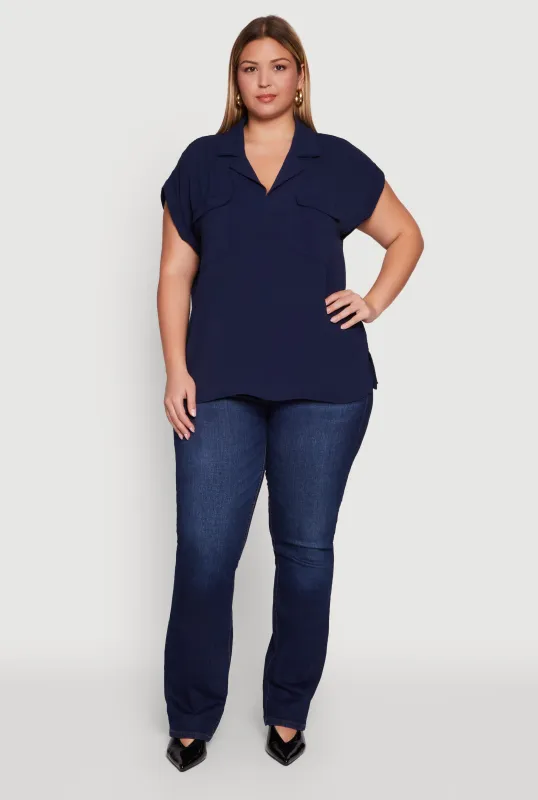 Plus Size Collared Crepe Knit Blouse with Flap Pockets sold by Rainbow
