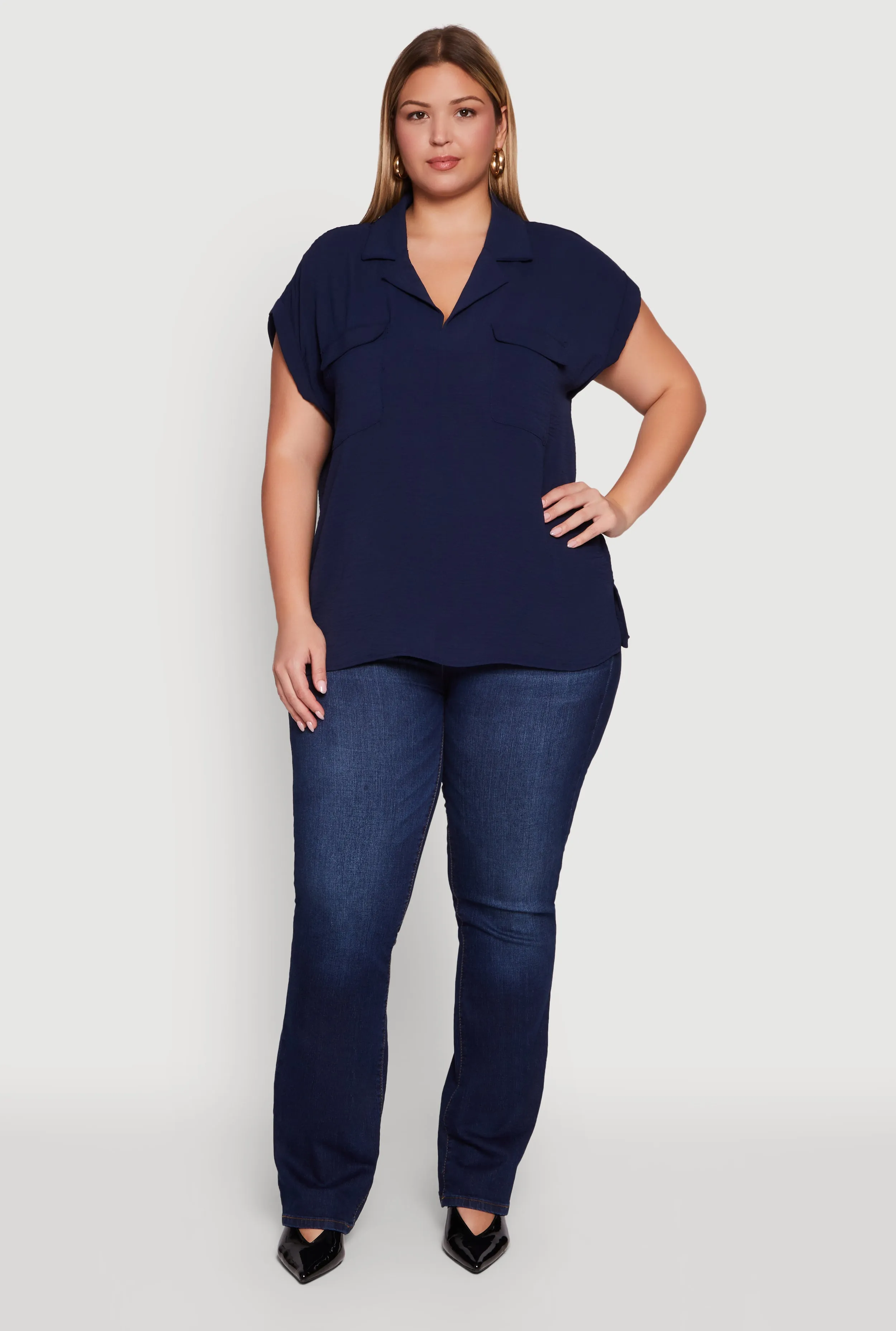 Plus Size Collared Crepe Knit Blouse with Flap Pockets sold by Rainbow