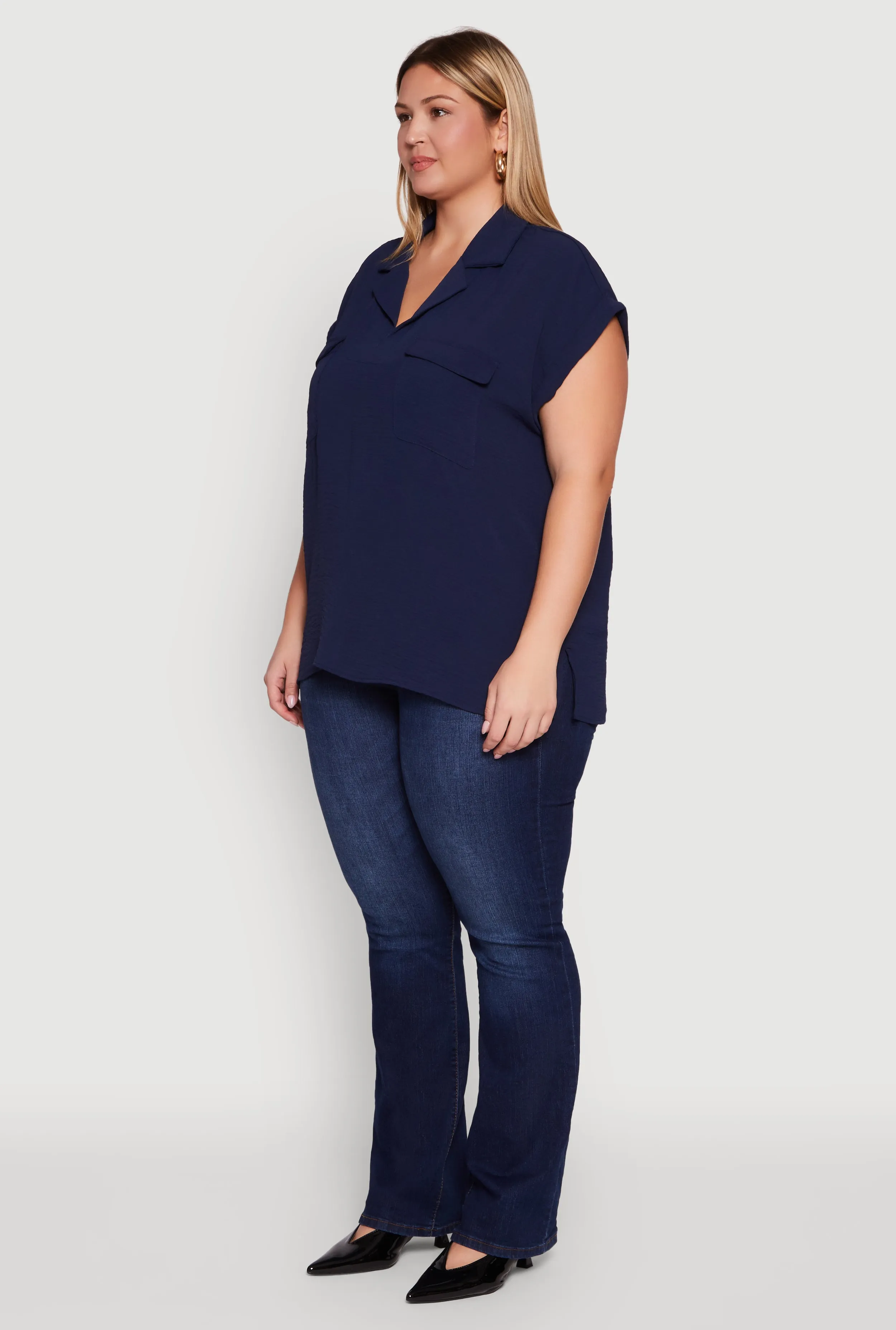 Plus Size Collared Crepe Knit Blouse with Flap Pockets sold by Rainbow product image thumbnail 5