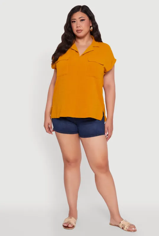 Plus Size Collared Crepe Knit Blouse with Flap Pockets sold by Rainbow