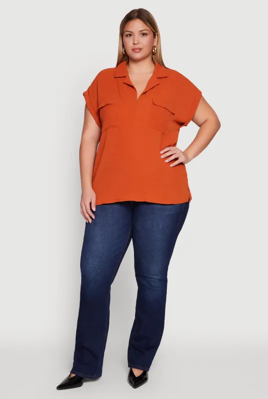 Plus Size Collared Crepe Knit Blouse with Flap Pockets sold by Rainbow