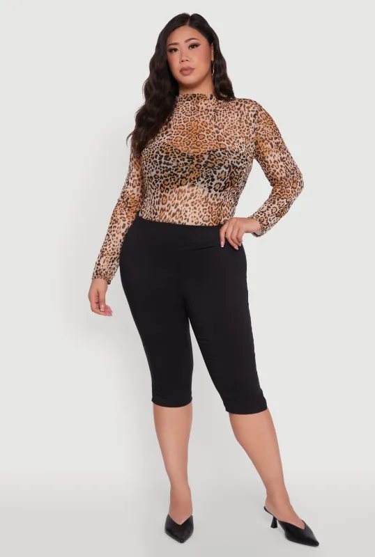 Plus Size Animal Print Long Sleeve High Neck Mesh Blouse sold by Rainbow