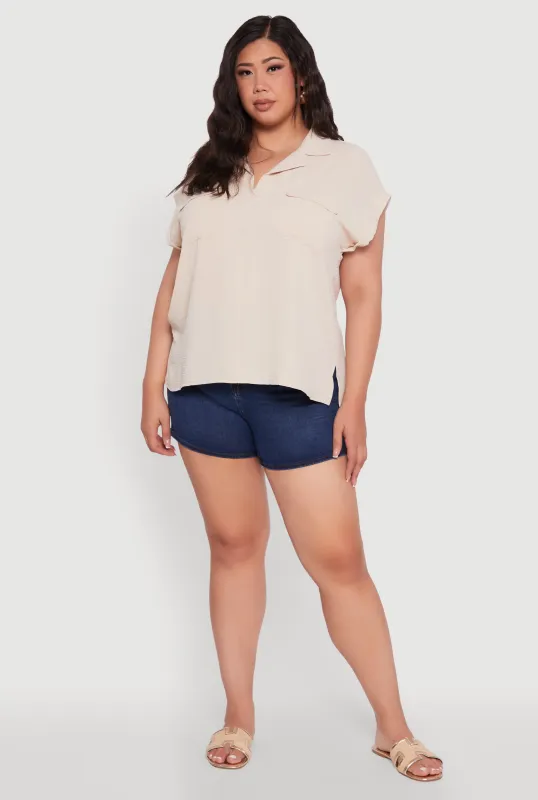 Plus Size Collared Crepe Knit Blouse with Flap Pockets sold by Rainbow