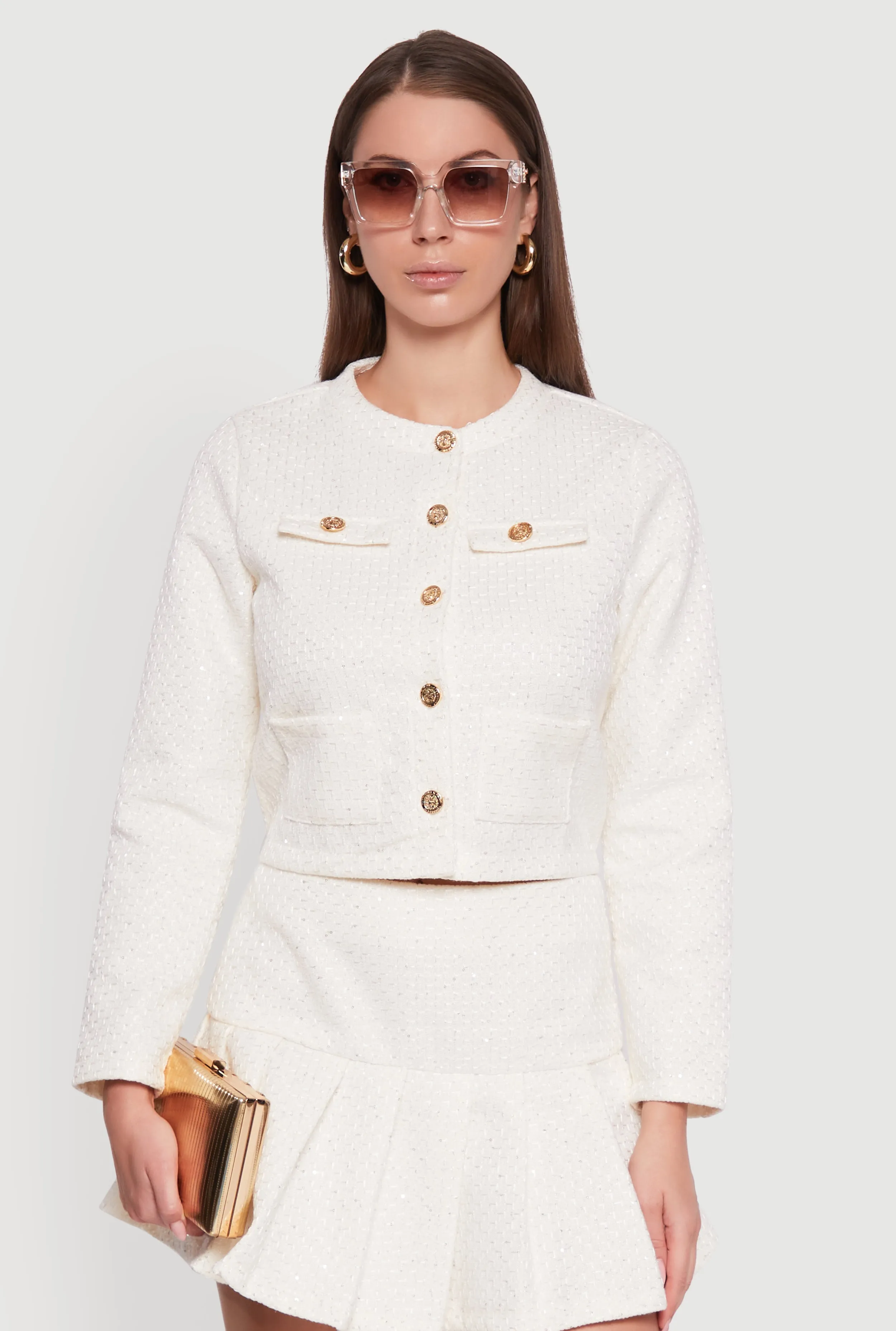 Tweed Flap Pocket Cropped Button Front Blazer sold by Rainbow product image thumbnail 2