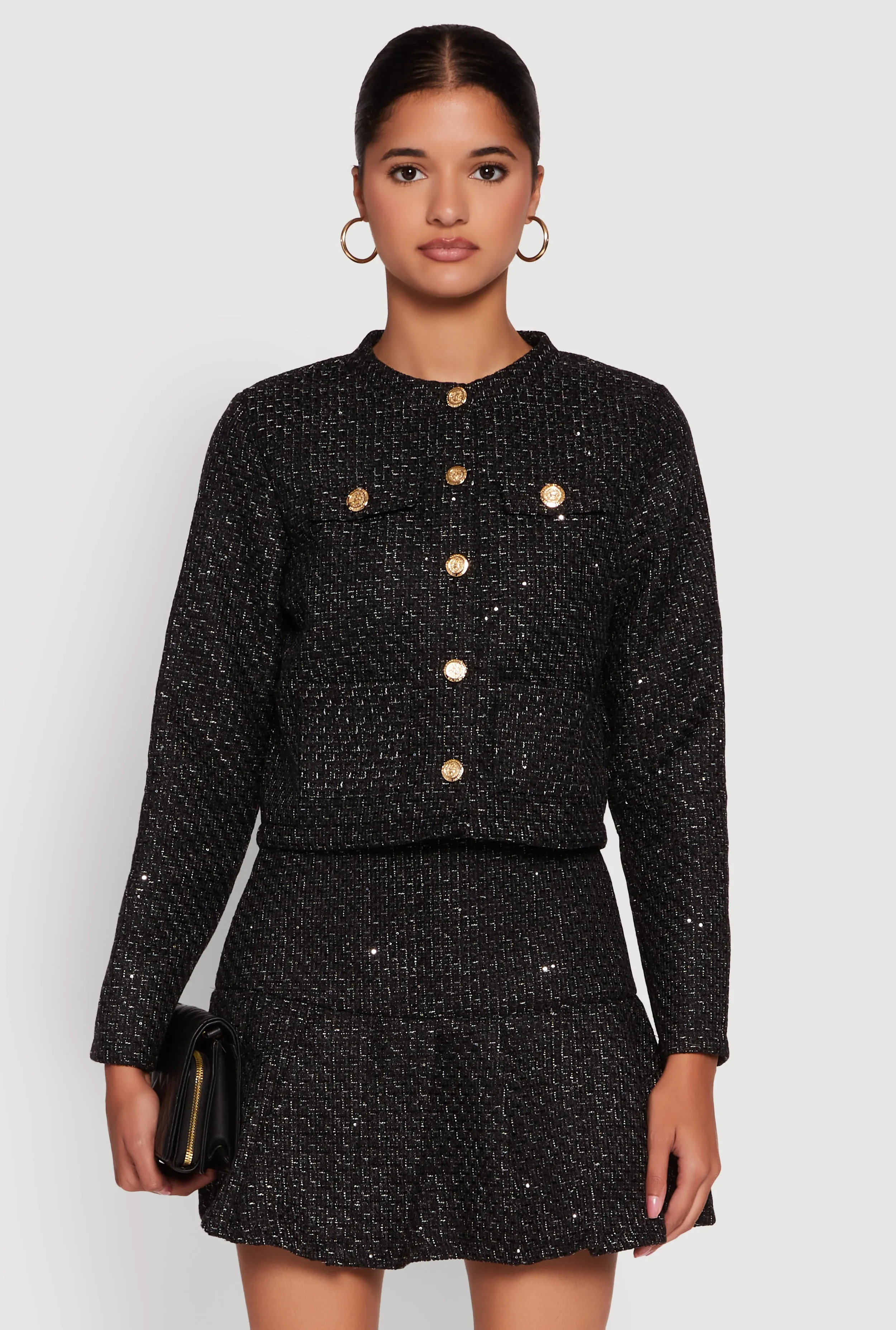 Tweed Flap Pocket Cropped Button Front Blazer sold by Rainbow
