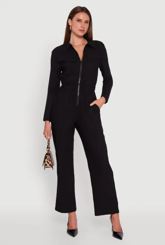 Solid Long Sleeve Collar Jumpsuit with Flap Pockets sold by Rainbow