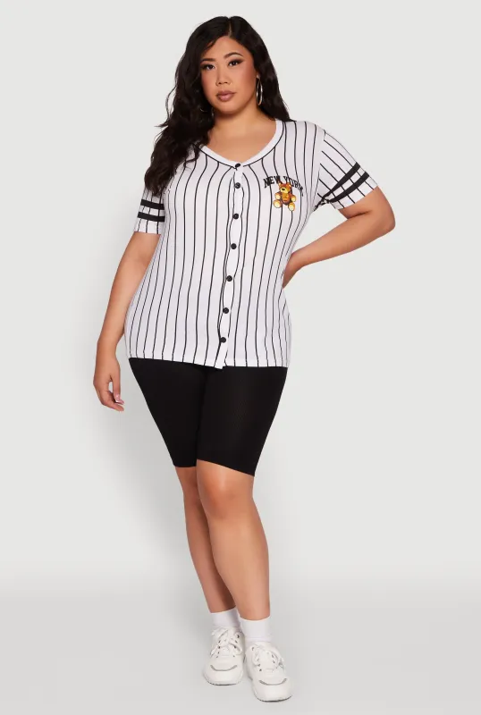 Plus Size New York Bear Graphic Striped Baseball Tee sold by Rainbow