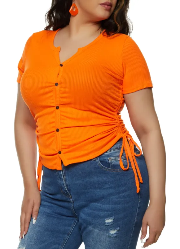 Plus Size Rib Knit Button Front Ruched Tee sold by Rainbow