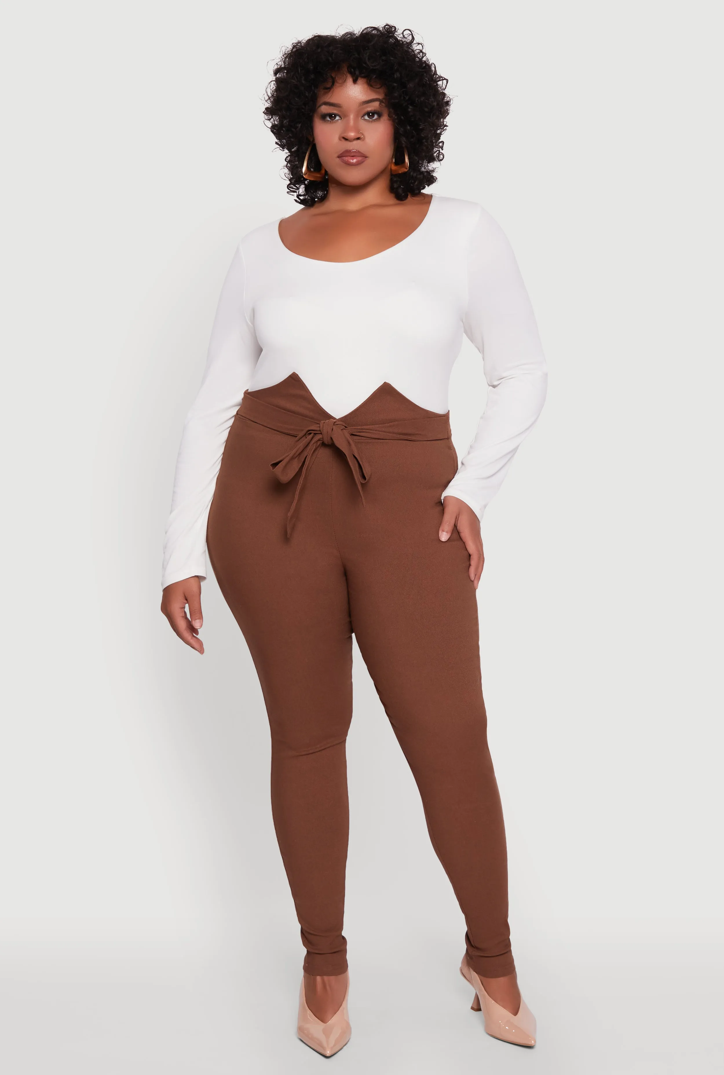 Plus Size Skinny Leg Tie Waist Pants with Zip Back sold by Rainbow