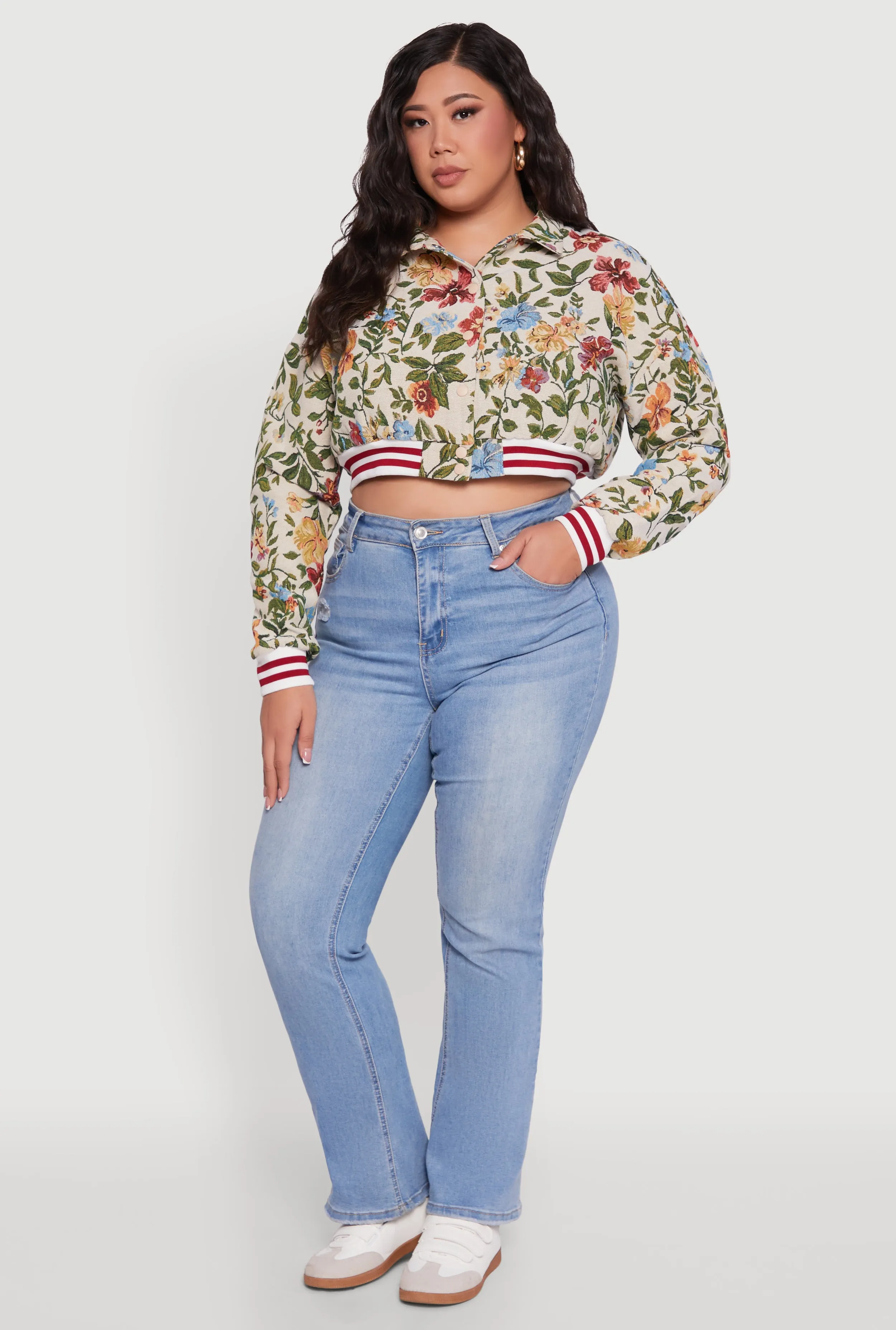 Plus Size Floral Print Cropped Varsity Stripe Jacket sold by Rainbow