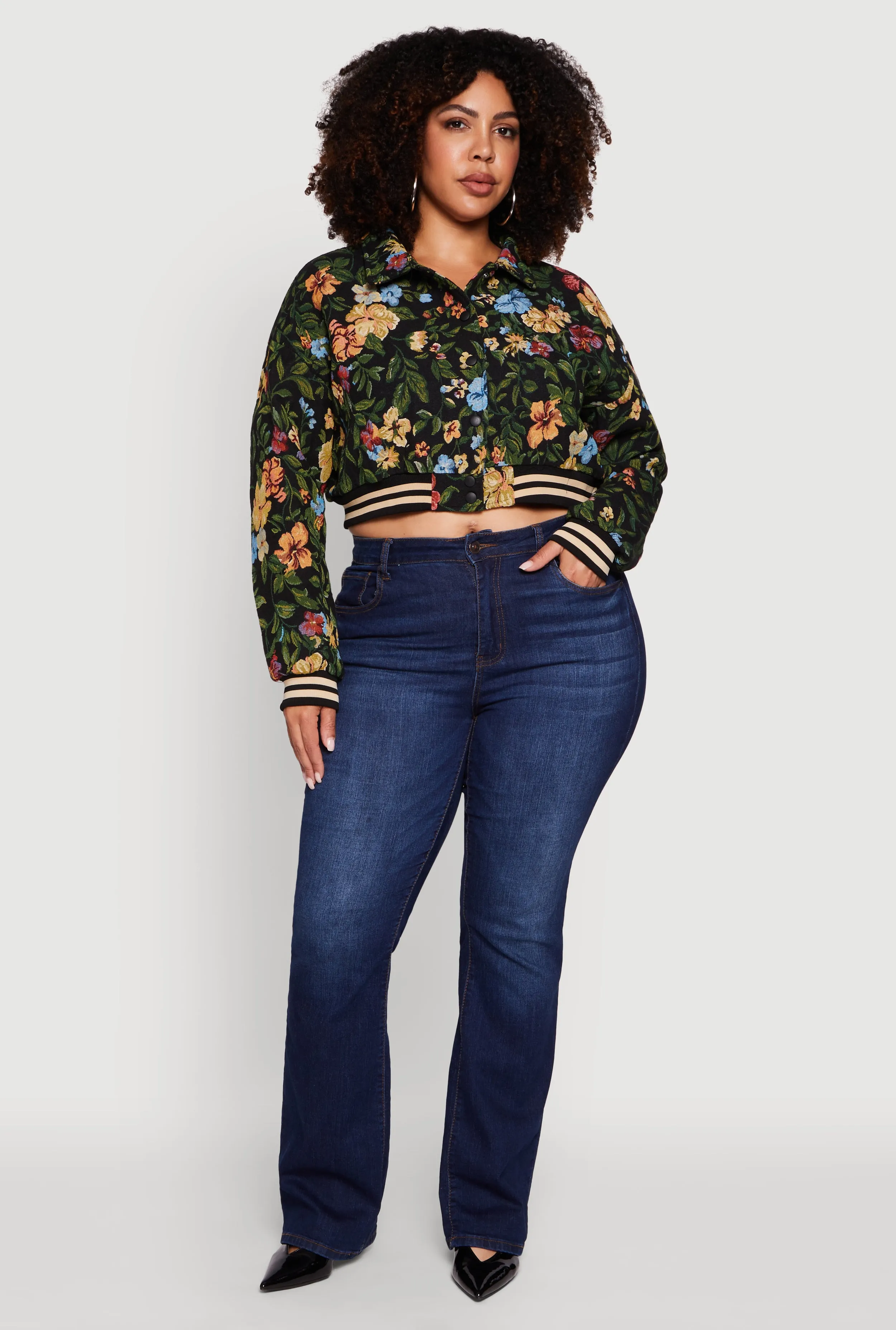 Plus Size Varsity Stripe Floral Print Cropped Jacket sold by Rainbow