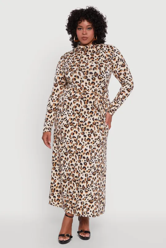 Plus Size Long Sleeve Animal Print Dress with Tie Waist Belt sold by Rainbow