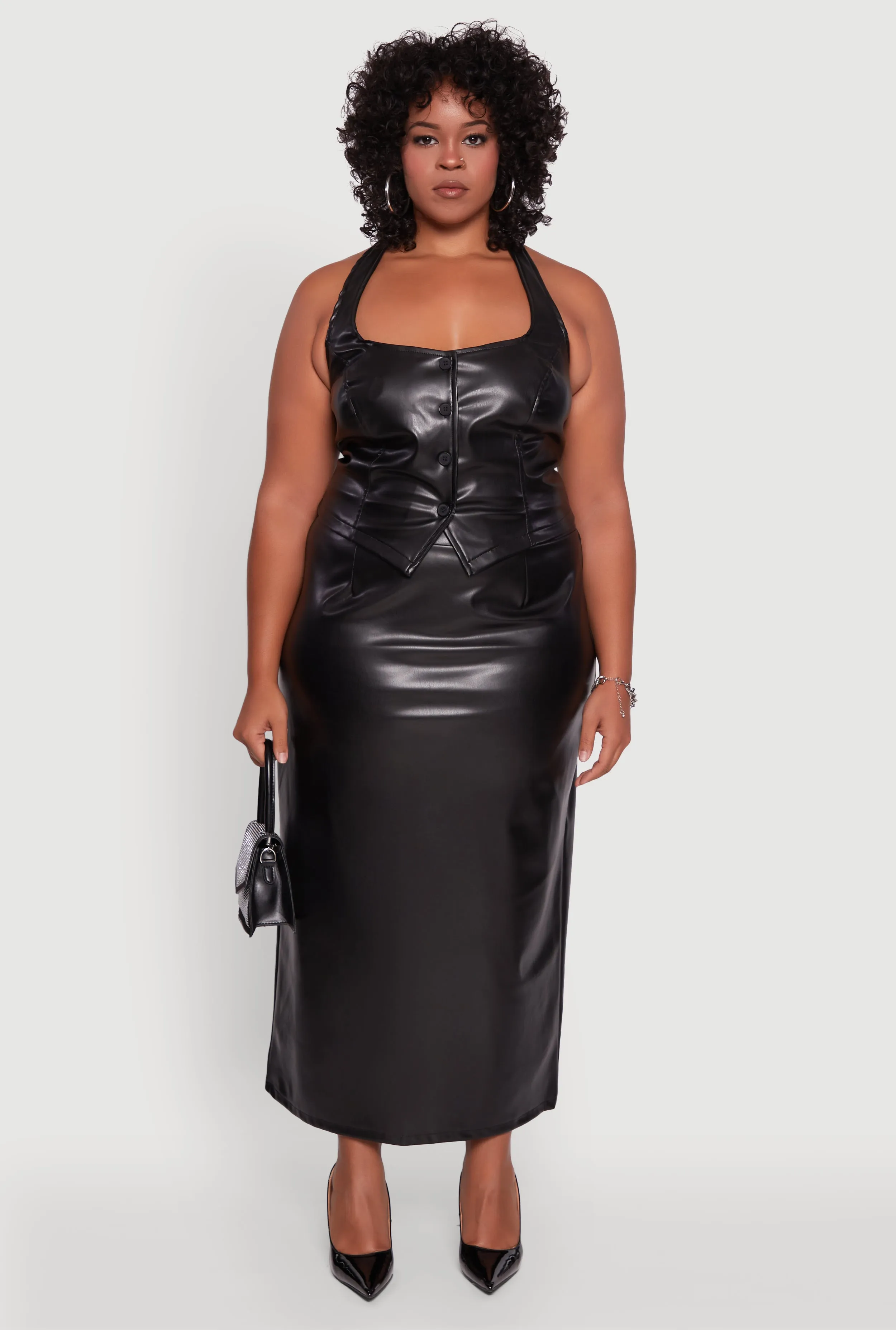 Plus Size High Waist Faux Leather Maxi Skirt with Zip Back sold by Rainbow product image thumbnail 2