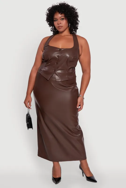 Plus Size High Waist Faux Leather Maxi Skirt with Zip Back sold by Rainbow