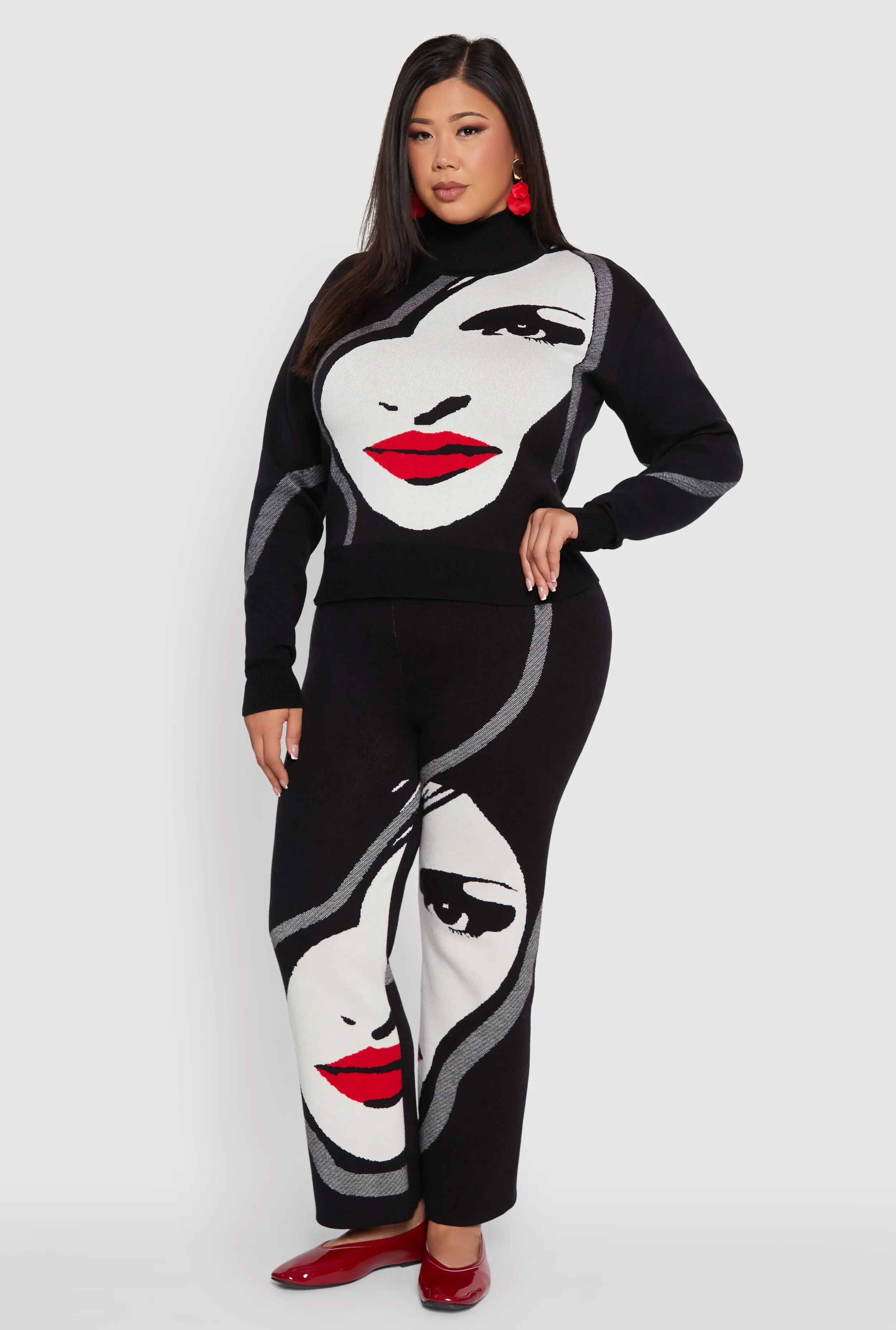 Plus Size Ribbed Knit Face Graphic Wide Leg Pants sold by Rainbow product image thumbnail 2