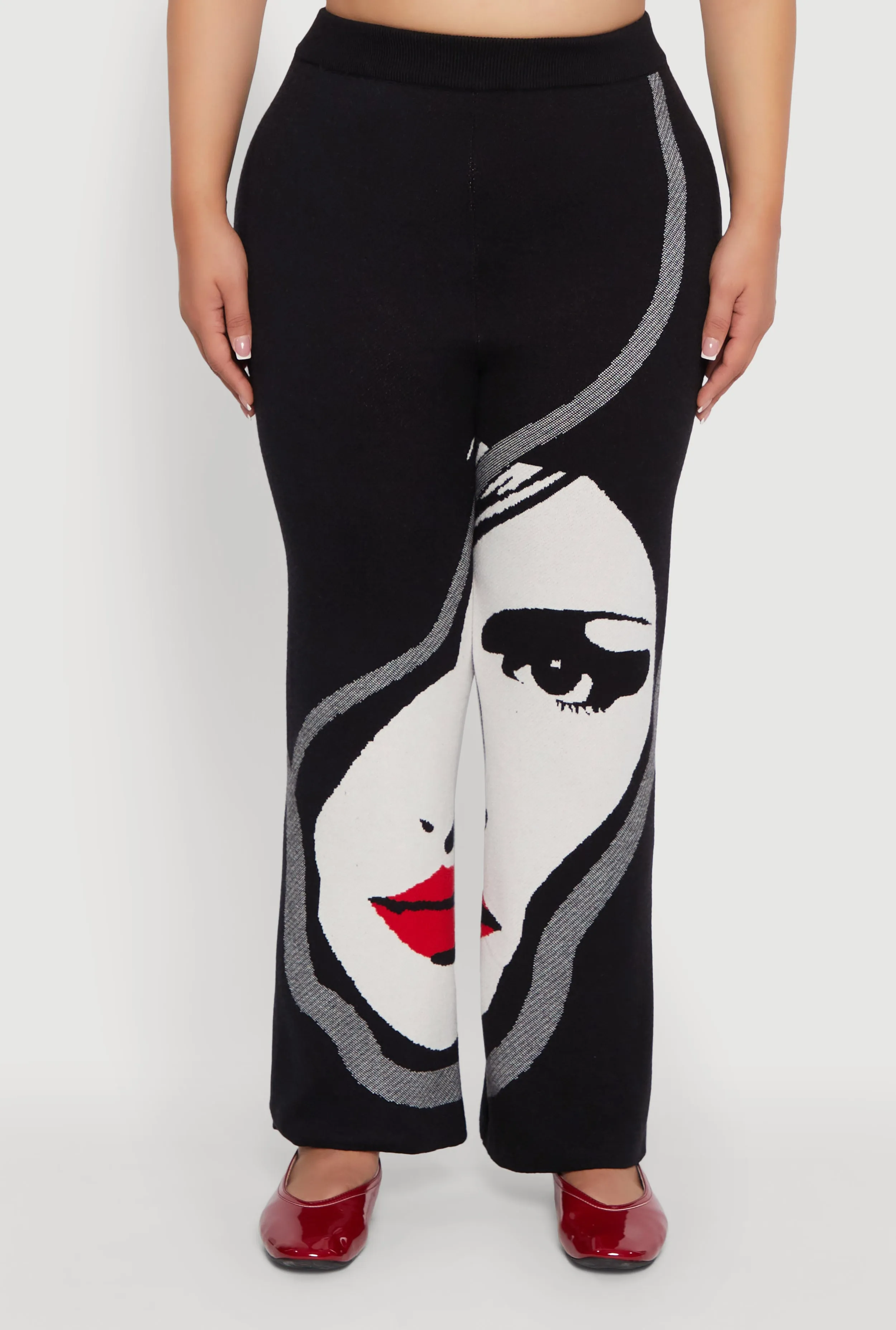 Plus Size Ribbed Knit Face Graphic Wide Leg Pants sold by Rainbow product image thumbnail 3