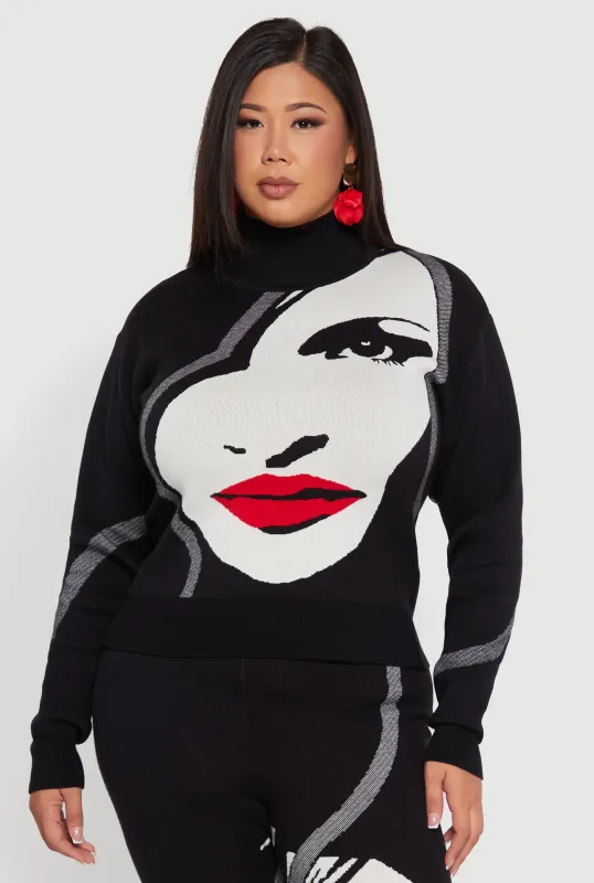 Plus Size Ribbed Knit Face Graphic Mock Neck Sweater sold by Rainbow