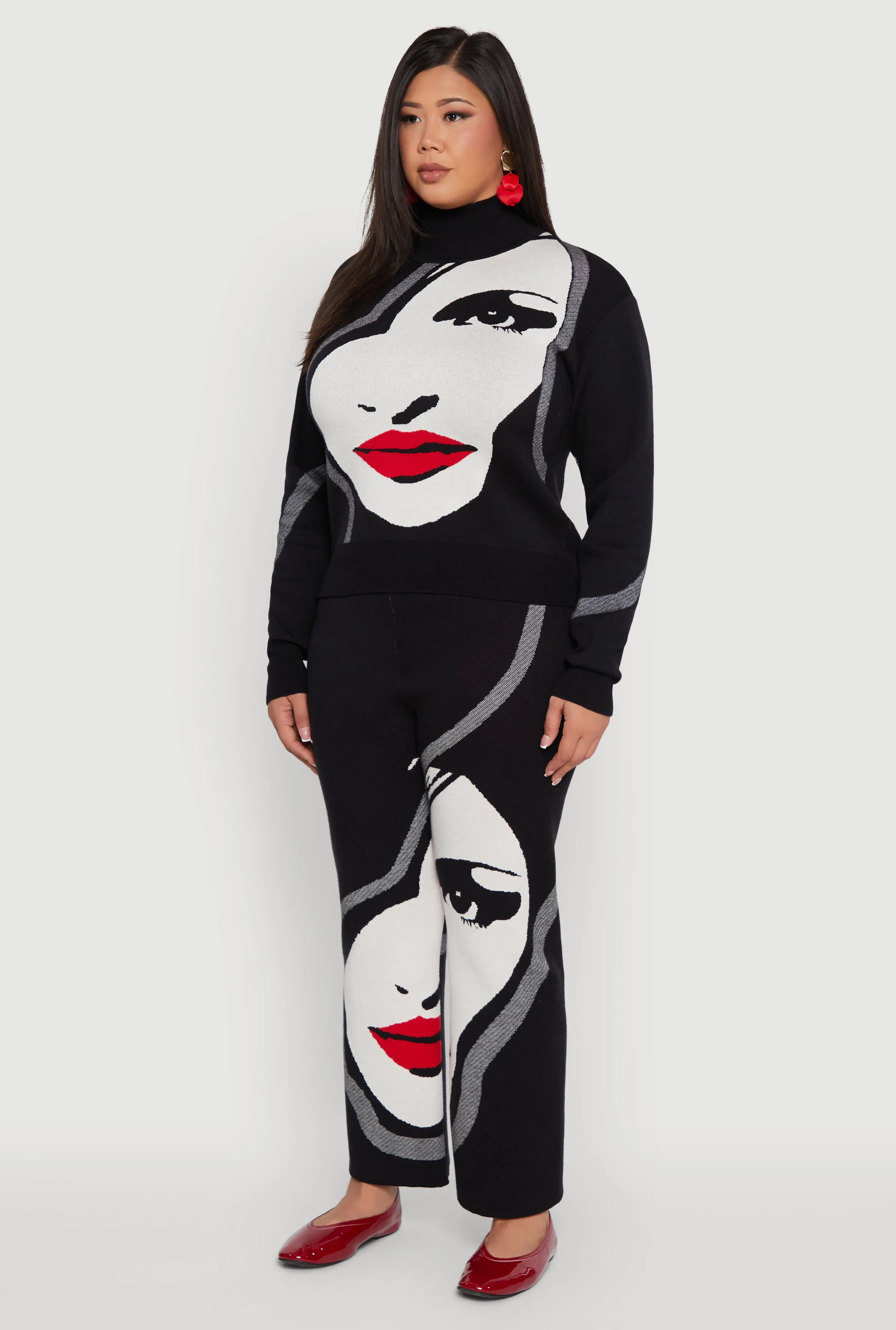 Plus Size Ribbed Knit Face Graphic Mock Neck Sweater sold by Rainbow product image thumbnail 5