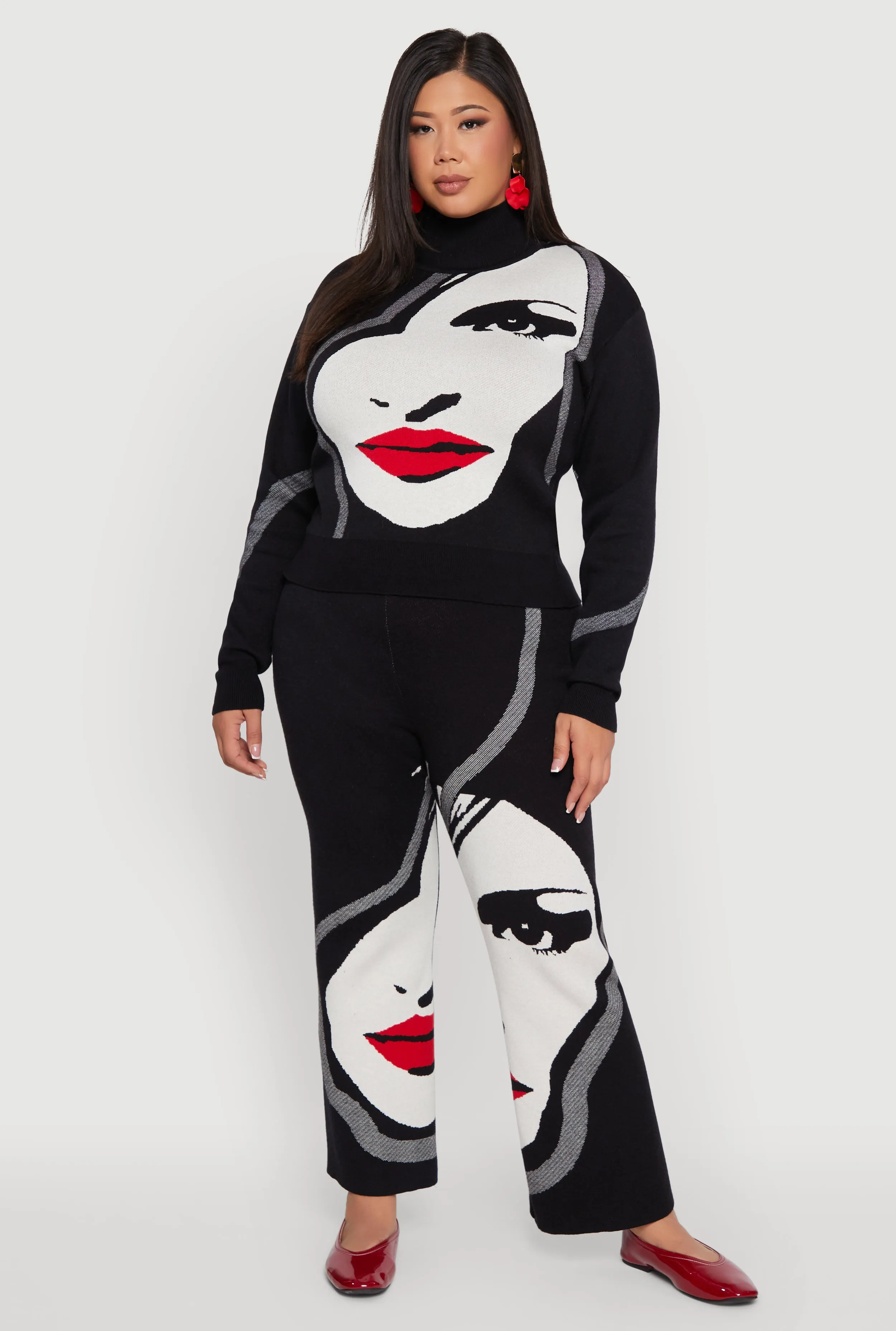 Plus Size Ribbed Knit Face Graphic Mock Neck Sweater sold by Rainbow product image thumbnail 2