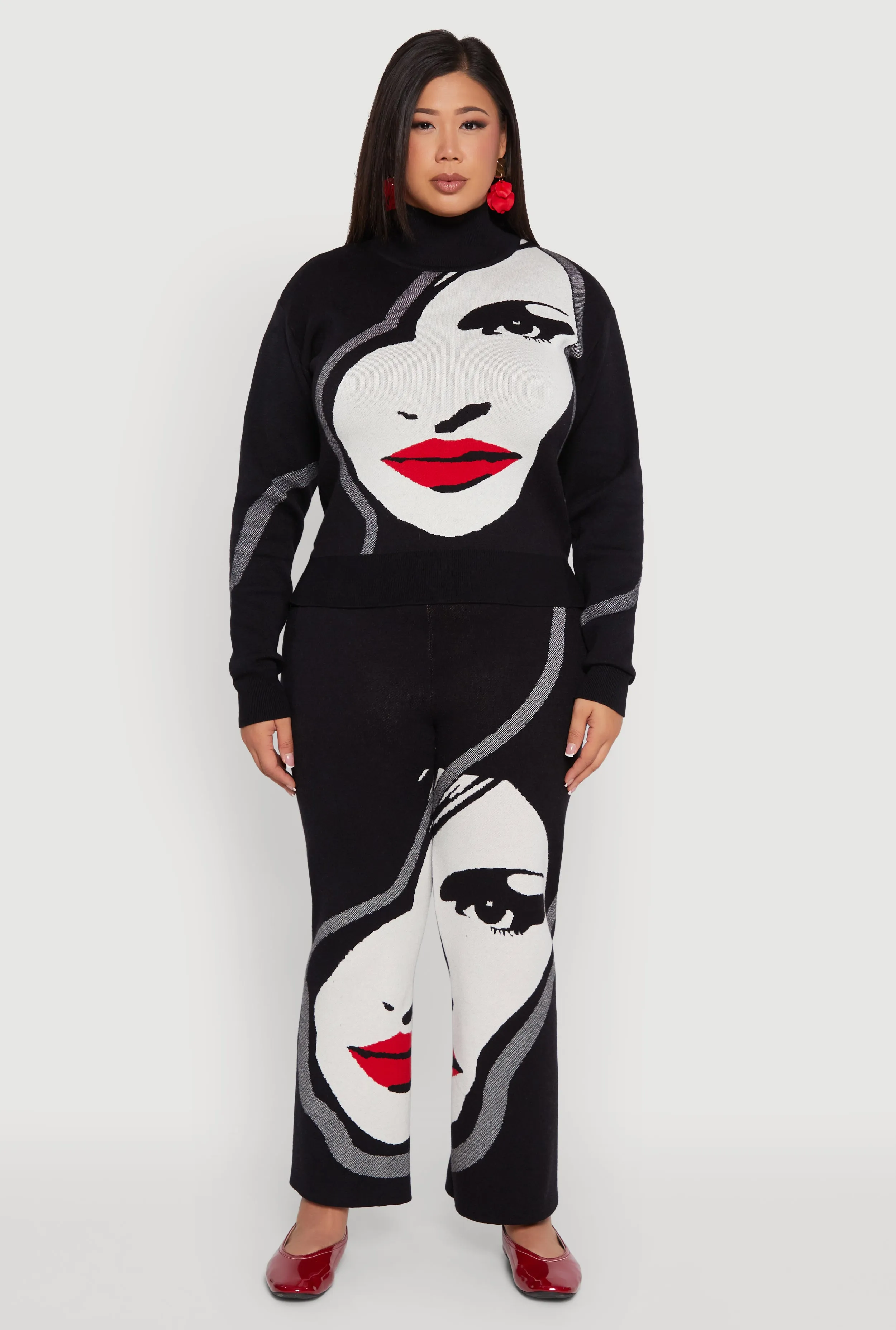 Plus Size Ribbed Knit Face Graphic Mock Neck Sweater sold by Rainbow product image thumbnail 3
