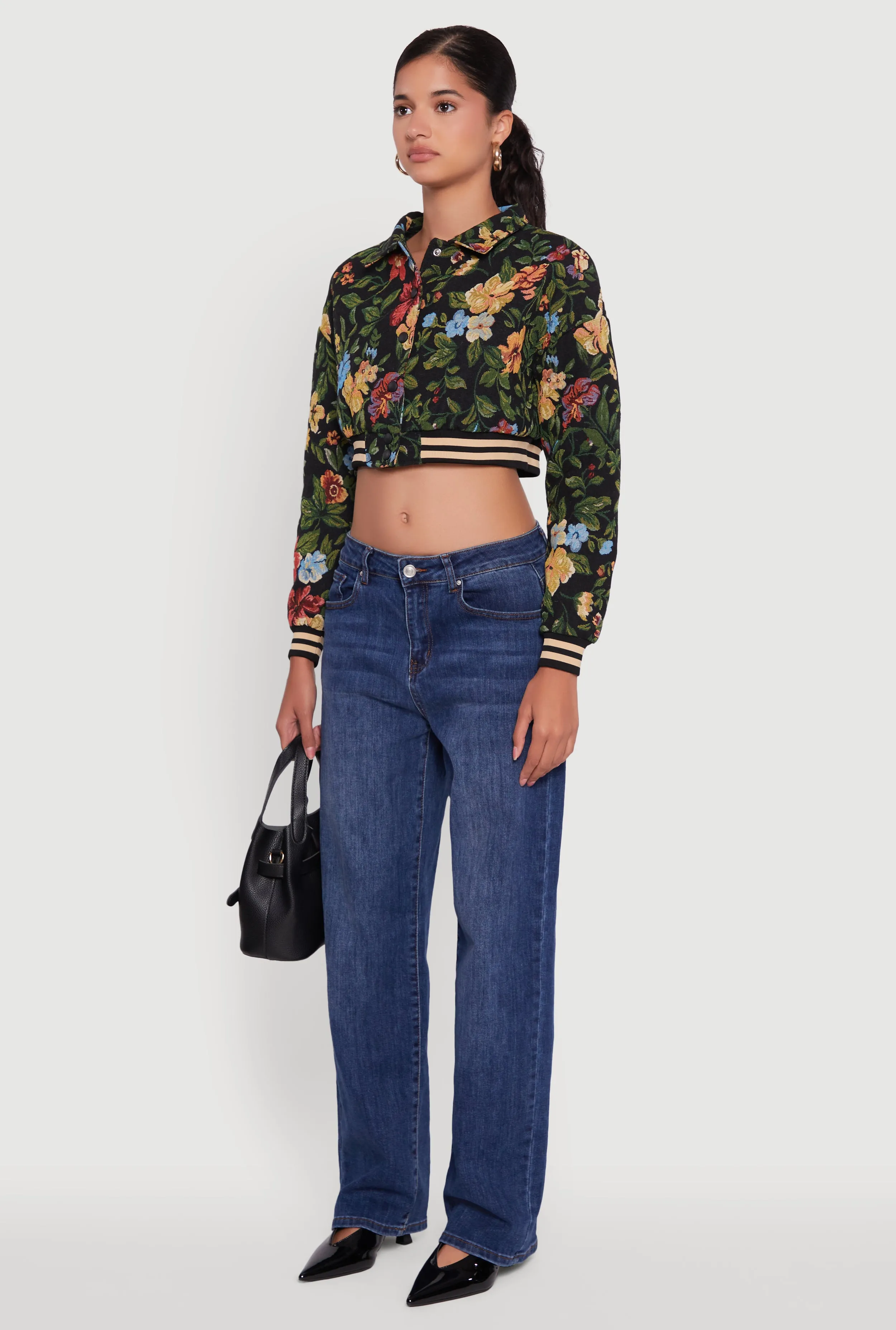 Floral Jacquard Cropped Bomber Jacket sold by Rainbow product image thumbnail 5