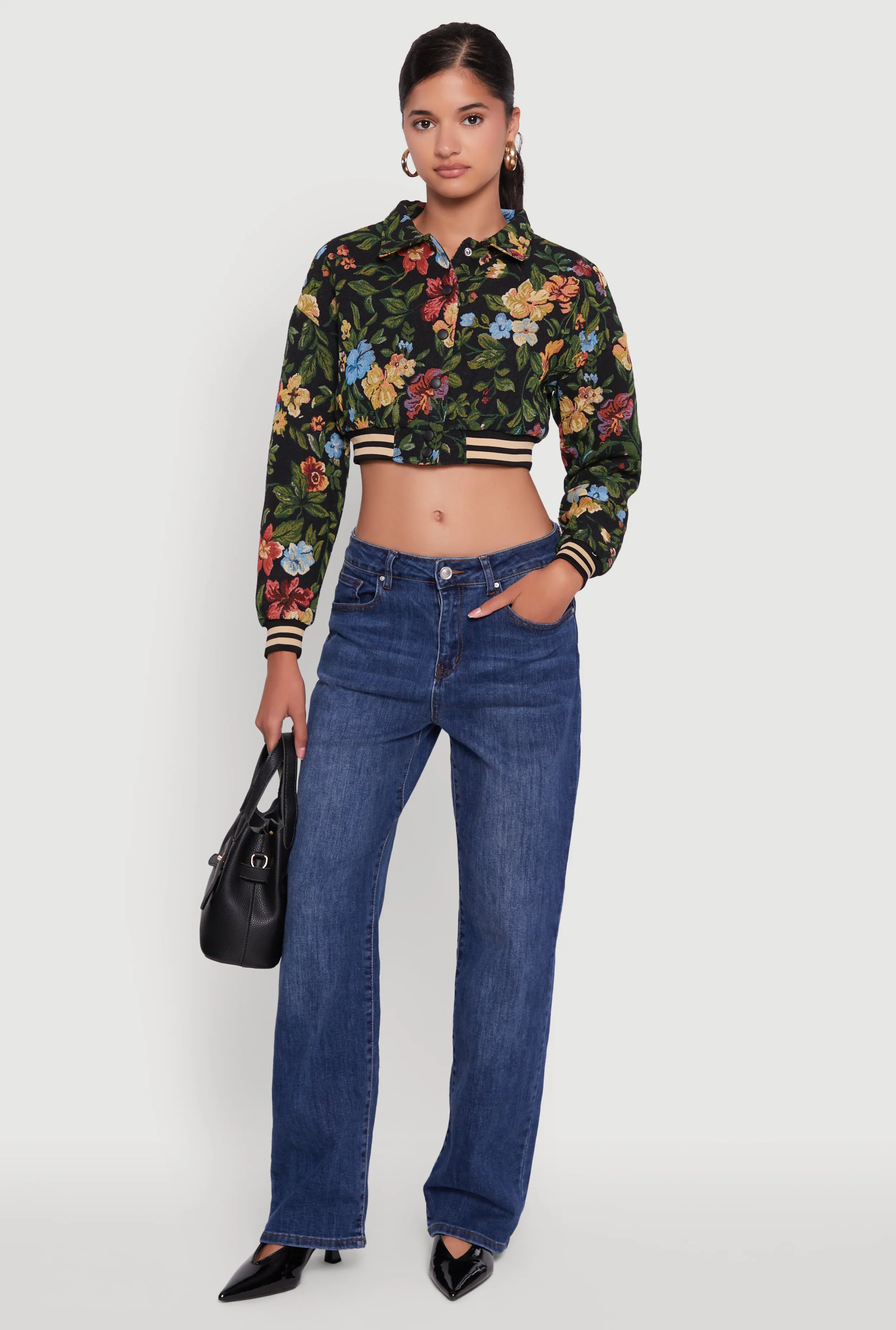 Floral Jacquard Cropped Bomber Jacket sold by Rainbow