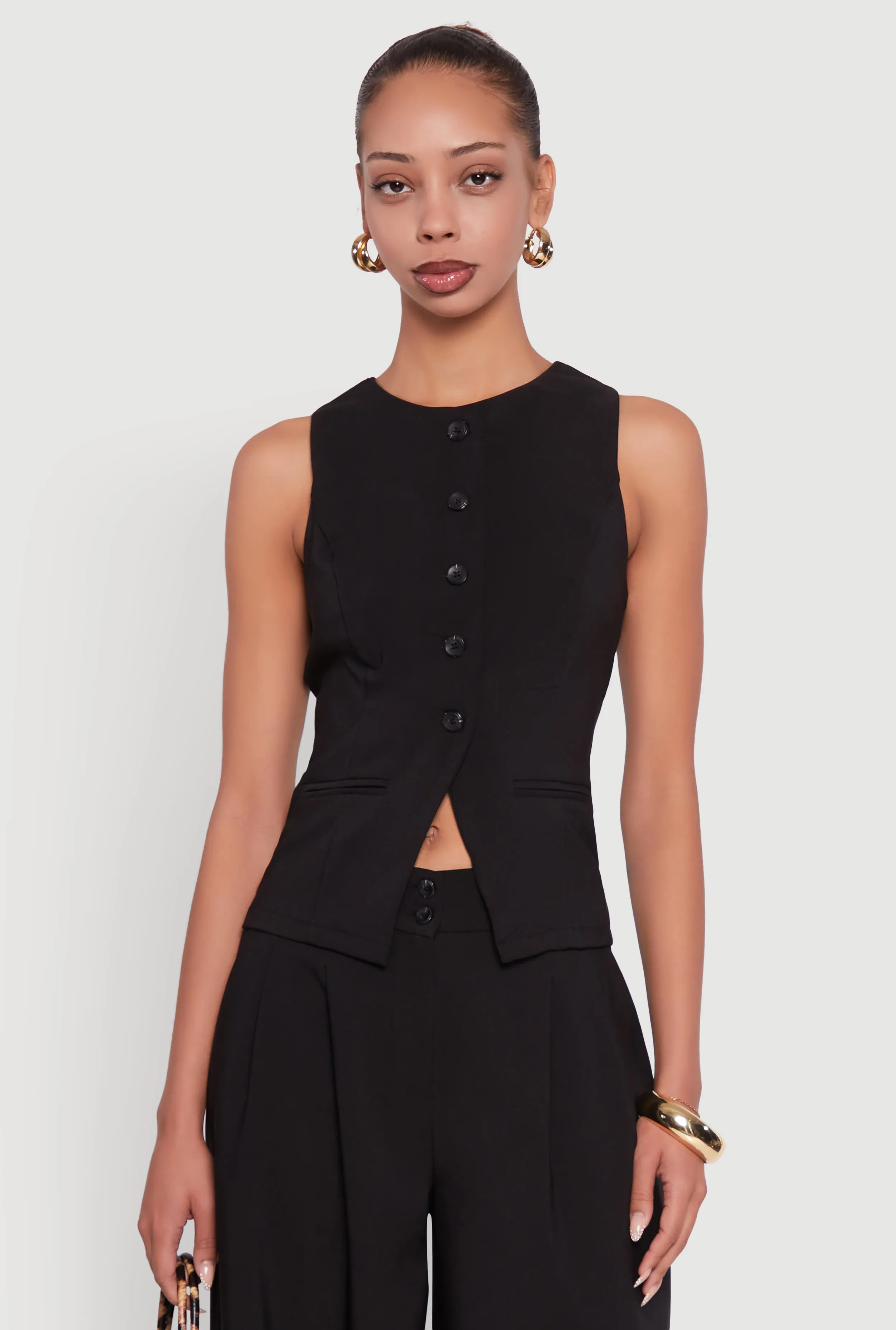 Solid Crepe Knit Button Front Blazer Vest sold by Rainbow