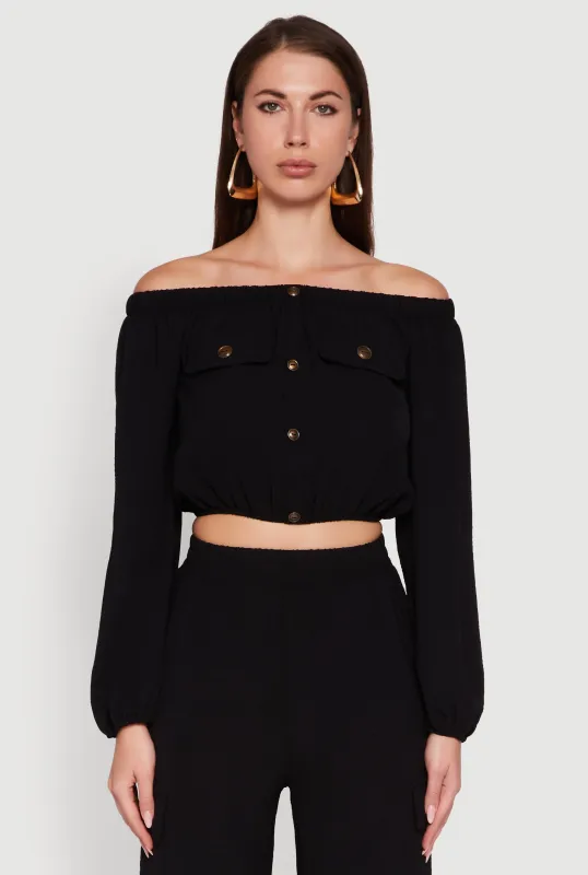 Crepe Knit Bubble Sleeve Off The Shoulder Crop Top sold by Rainbow
