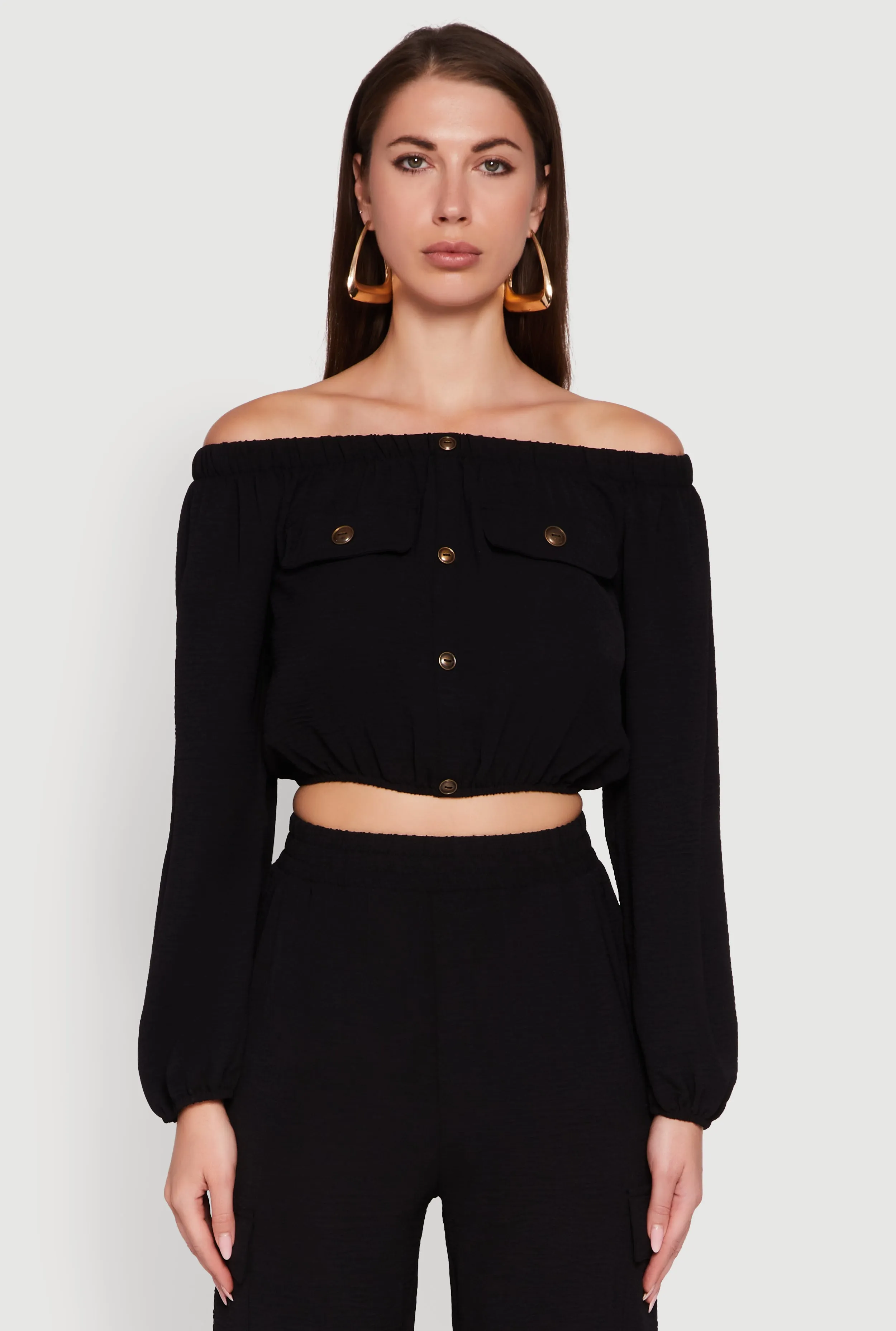 Crepe Knit Bubble Sleeve Off The Shoulder Crop Top sold by Rainbow