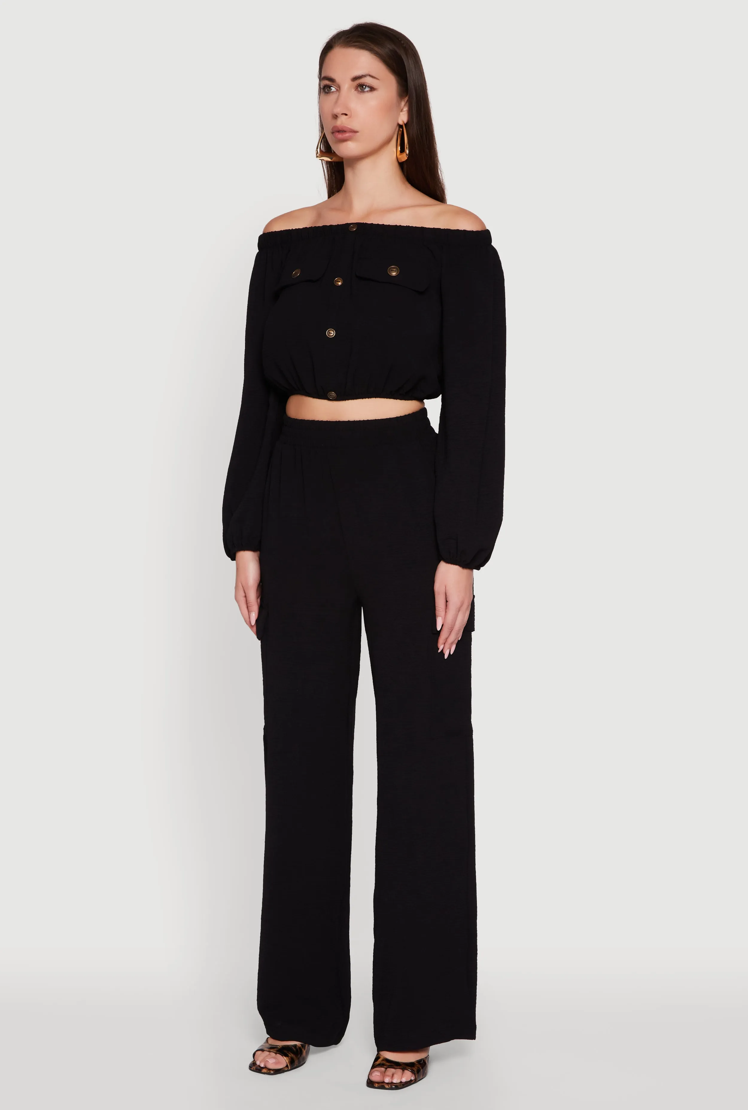 Crepe Knit Bubble Sleeve Off The Shoulder Crop Top sold by Rainbow product image thumbnail 5