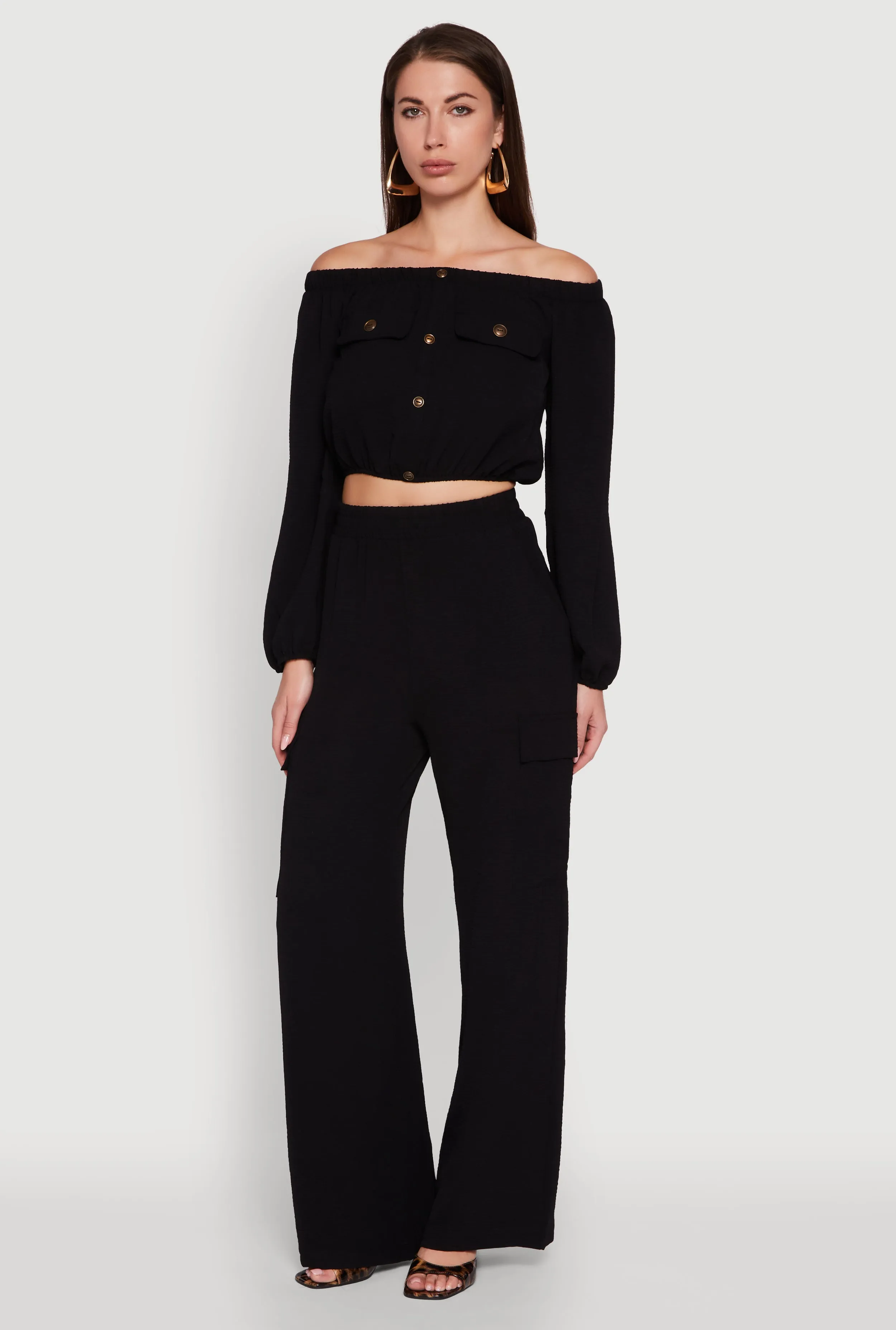 Crepe Knit Bubble Sleeve Off The Shoulder Crop Top sold by Rainbow product image thumbnail 3
