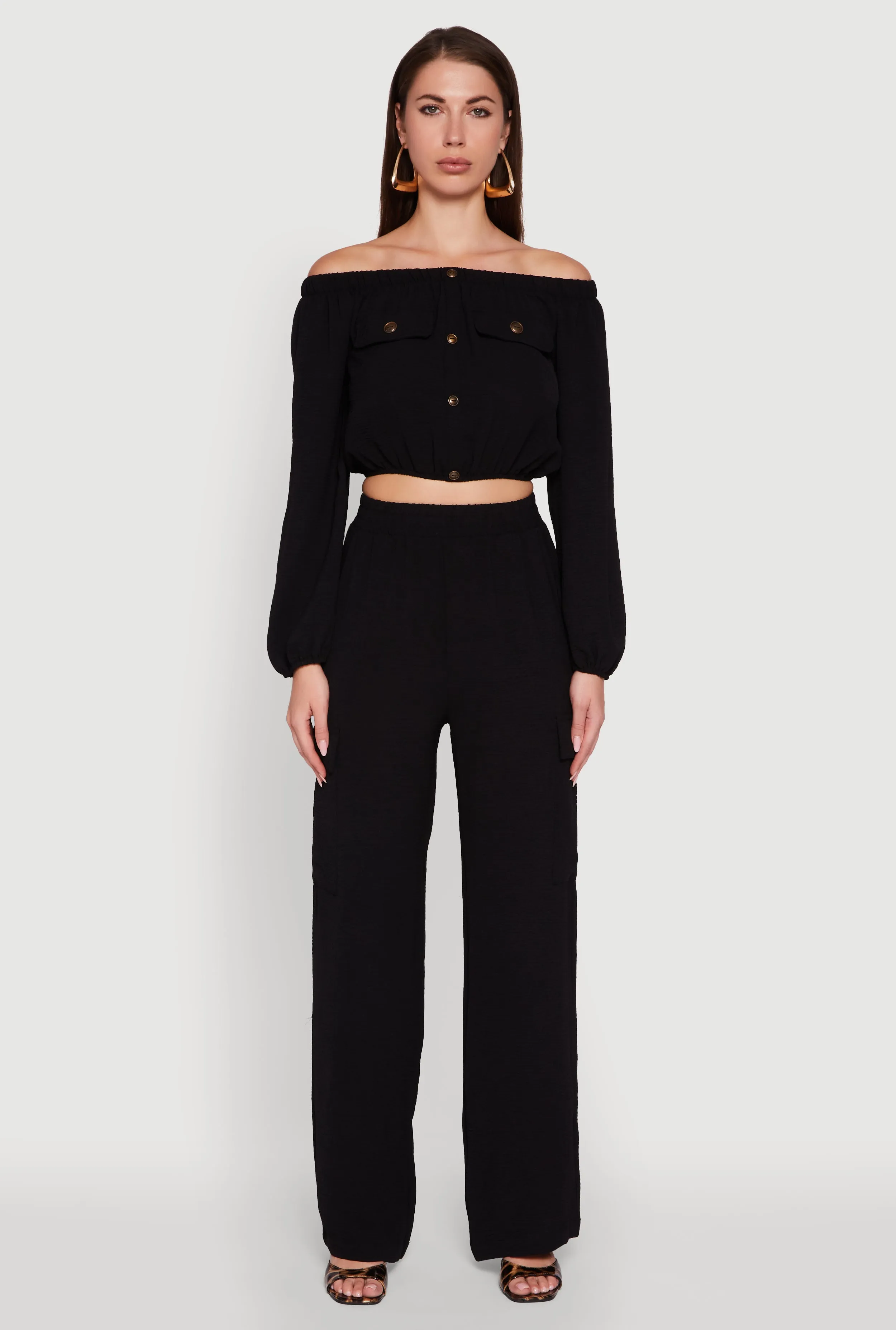 Crepe Knit Bubble Sleeve Off The Shoulder Crop Top sold by Rainbow product image thumbnail 2