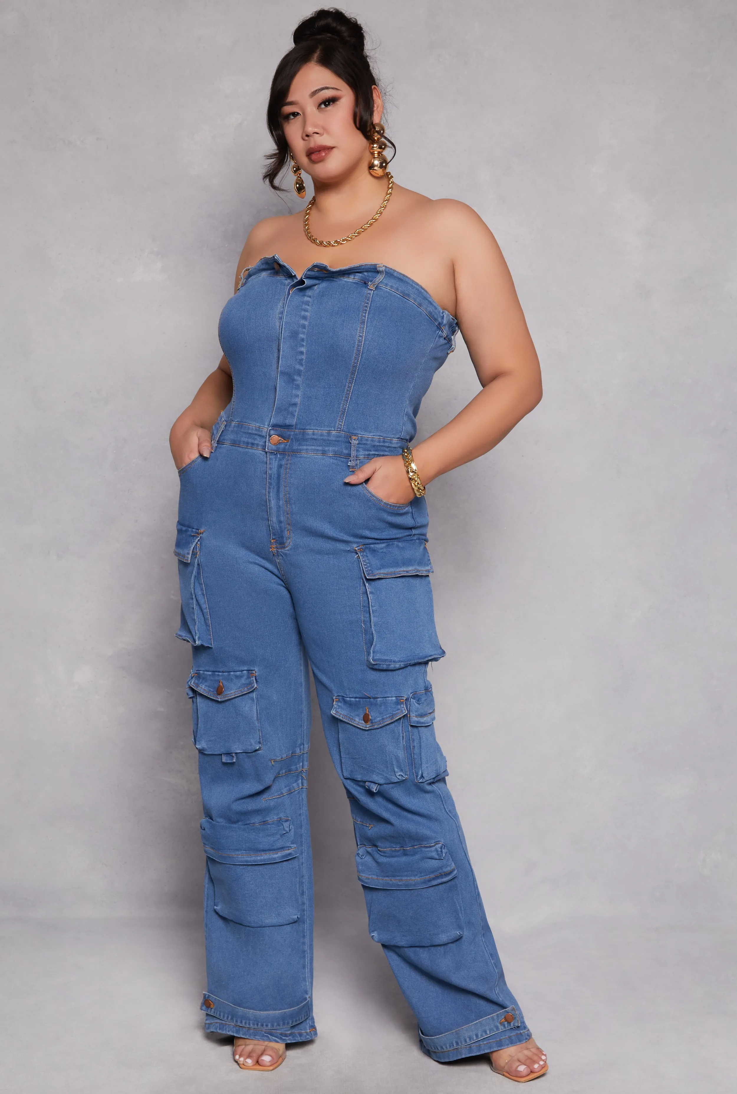 Plus Size Daisy Denim Strapless Utility Jumpsuit sold by Rainbow