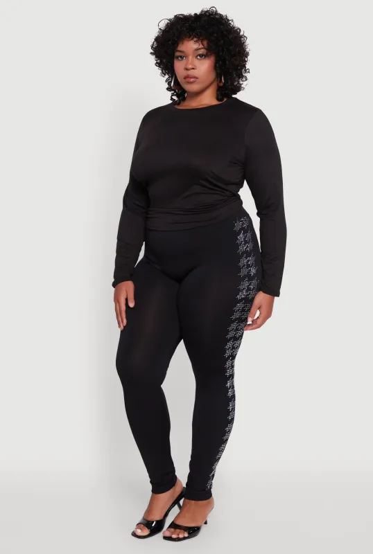 Plus Size Seamless High Waisted Houndstooth Rhinestone Trim Leggings sold by Rainbow