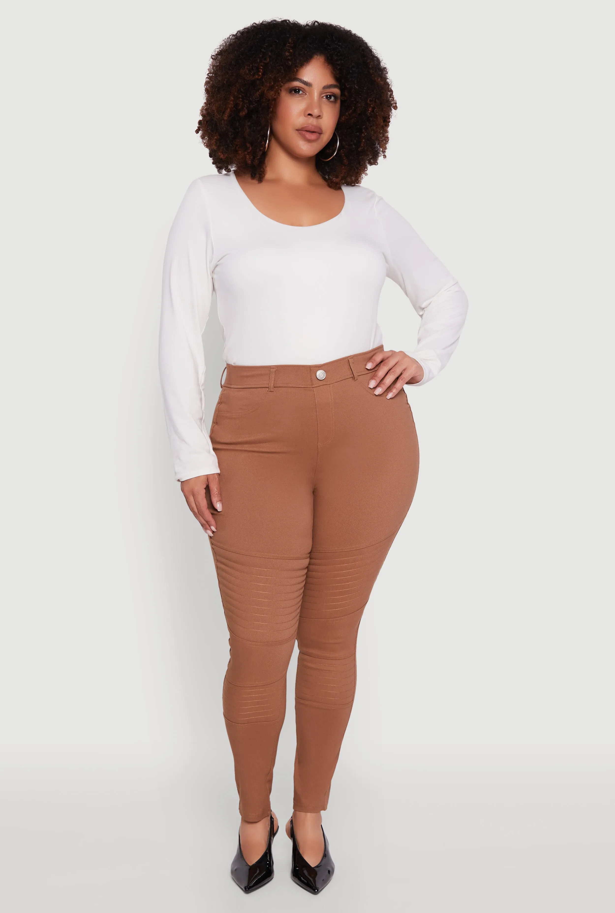 Plus Size High Waisted Hyper Stretch Dress Pants with Faux Buttons sold by Rainbow