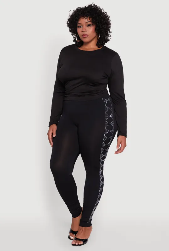 Plus Size Seamless Rhinestone Geometric Patterned Leggings sold by Rainbow