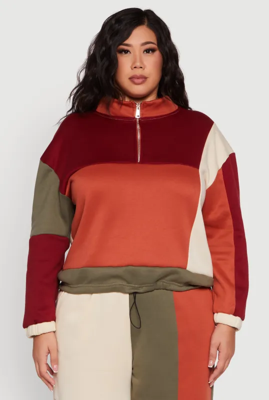 Plus Size Color Blocked Zip Mock Neck Sweatshirt sold by Rainbow