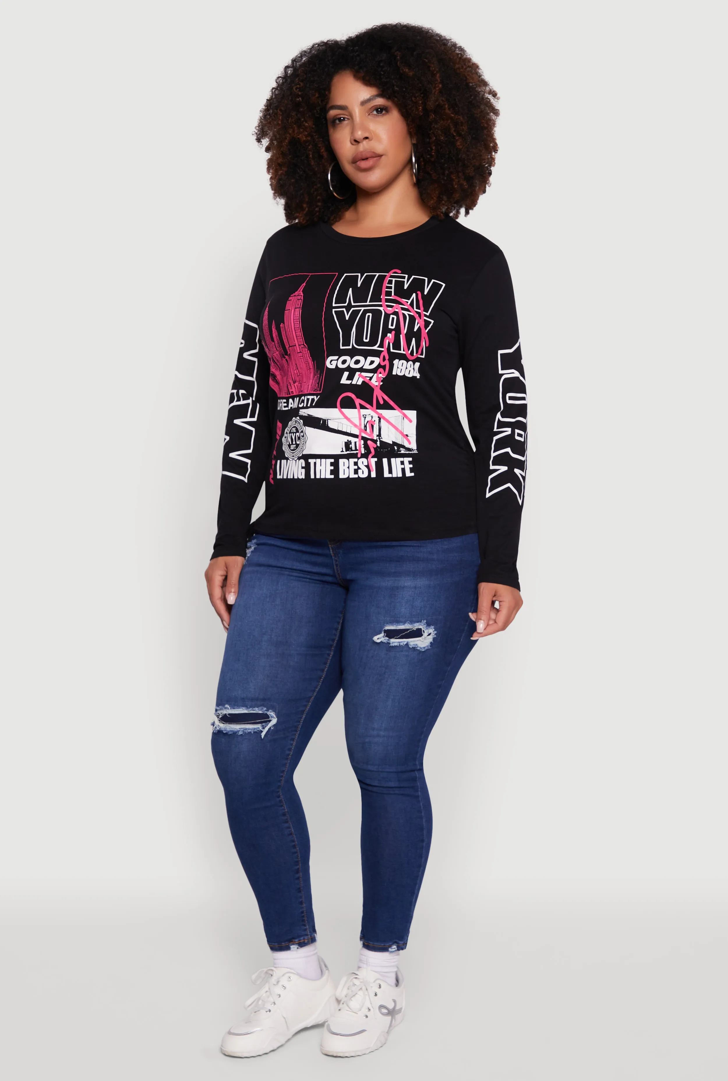 Plus Size Brooklyn 1984 Ruched Side Long Sleeve Graphic Tee sold by Rainbow