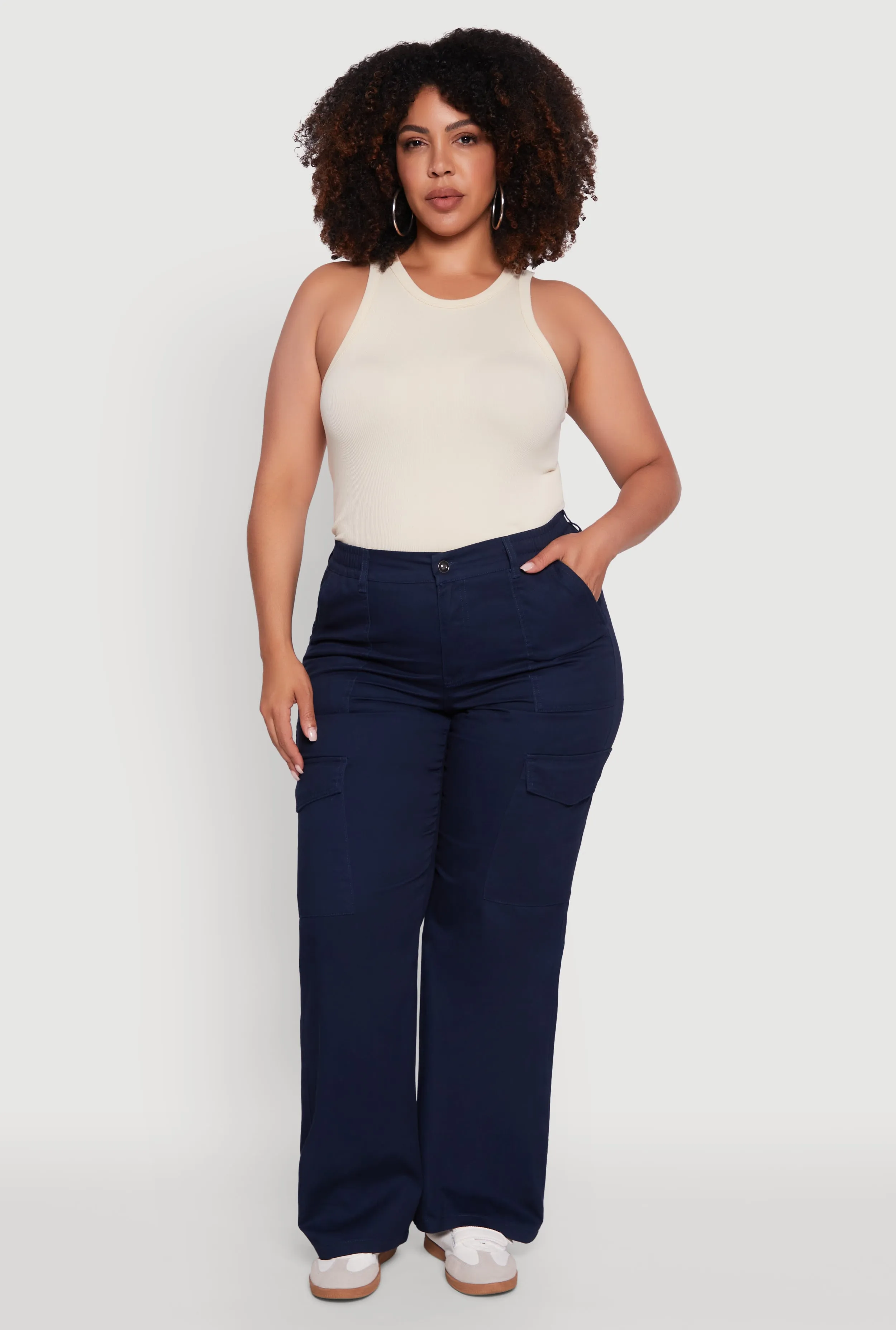 Plus Size High Waisted Twill Wide Leg Cargo Pants sold by Rainbow