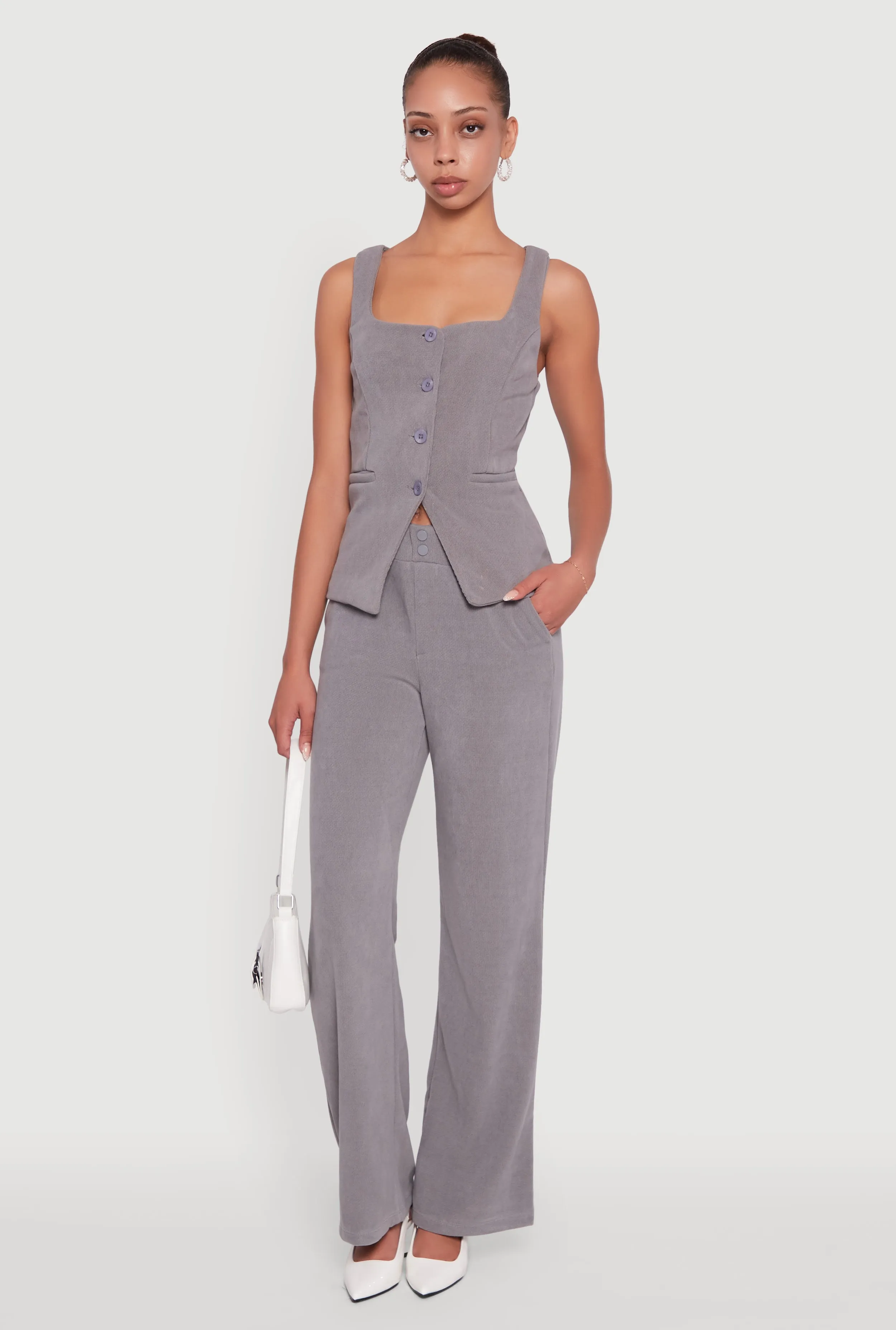 High Waisted Wide Leg Pants with Faux Buttons sold by Rainbow