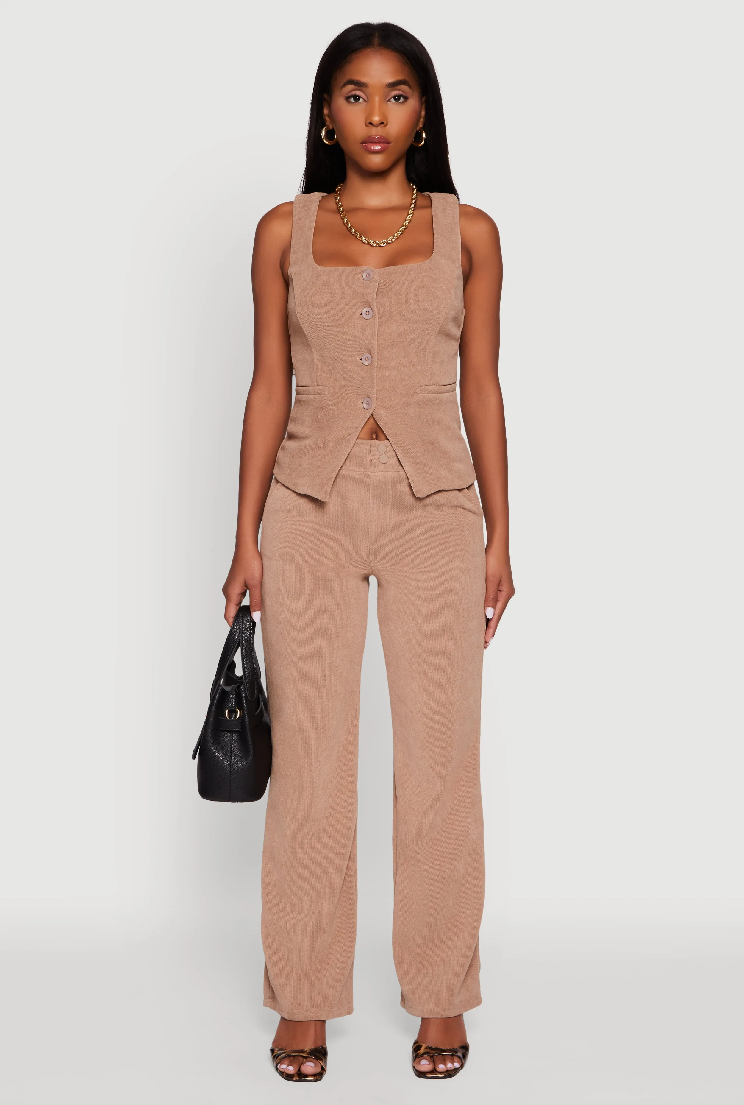 High Waisted Wide Leg Pants with Faux Buttons sold by Rainbow product image thumbnail 2