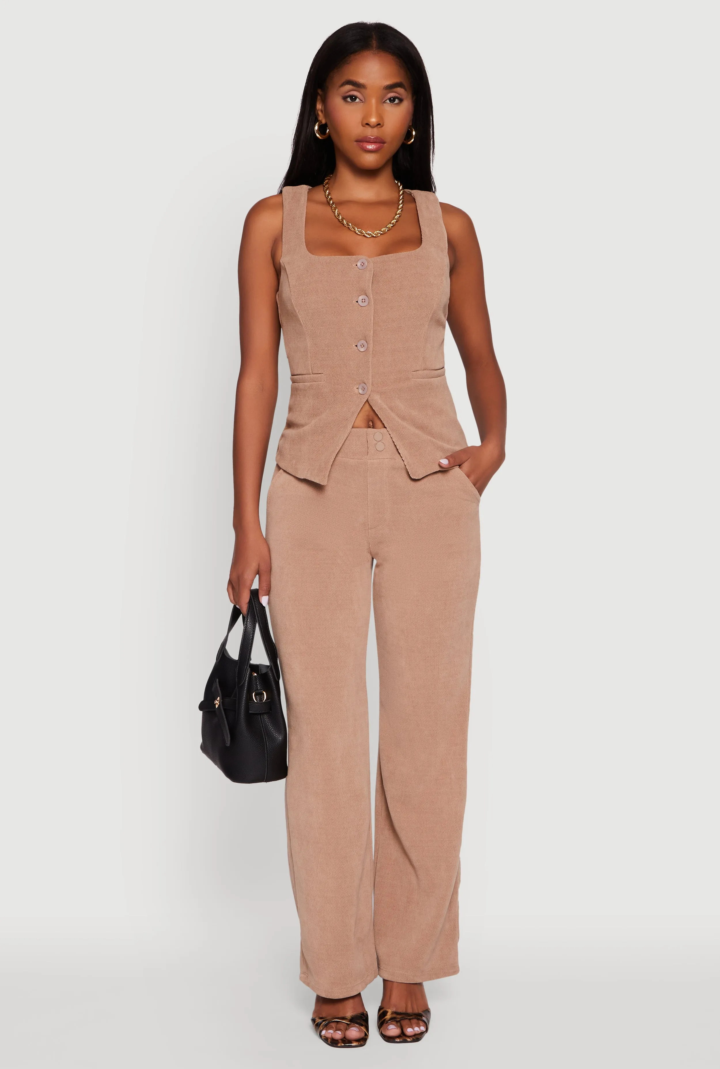 High Waisted Wide Leg Pants with Faux Buttons sold by Rainbow