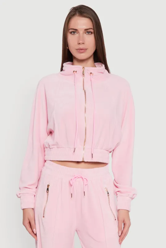 Velour Drawstring Mock Neck Cropped Zip Front Sweatshirt sold by Rainbow