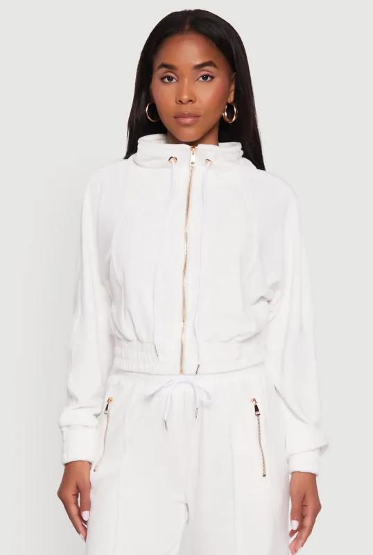 Velour Drawstring Mock Neck Cropped Zip Front Sweatshirt sold by Rainbow