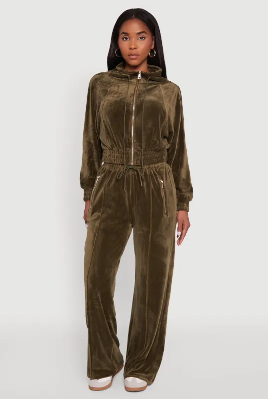 Velour Zip Pocket Drawstring Wide Leg Sweatpants sold by Rainbow