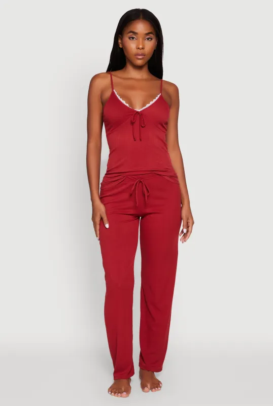Rib Knit Lace Trim Pajama Cami and Pants Set sold by Rainbow