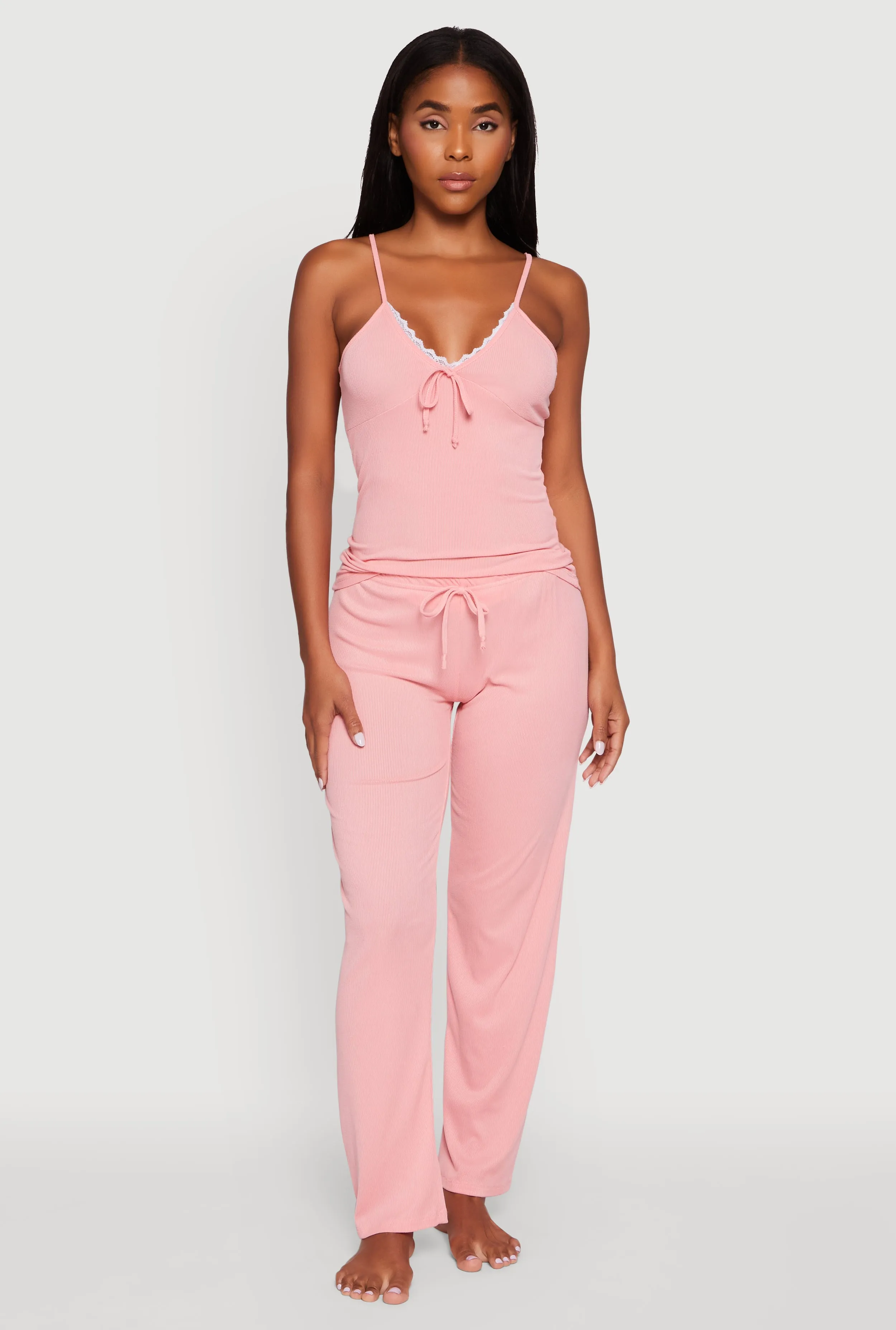 Rib Knit Lace Trim Pajama Cami and Pants Set sold by Rainbow